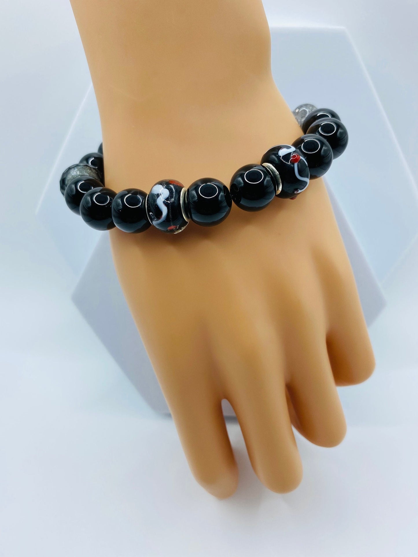 Black Onyx Bracelet: Murano Glass Beads, Chunky Gemstone Jewelry