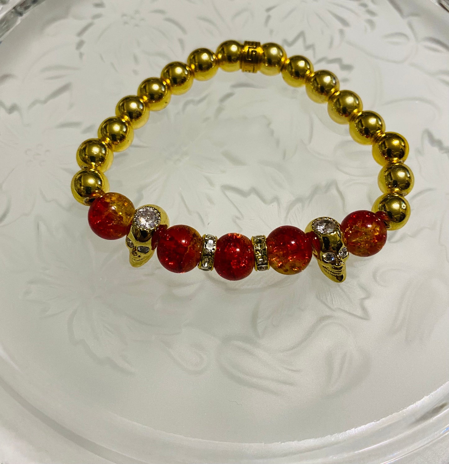 Men's Gold Hematite Bracelet: Red Crystal, CZ Skull Beads