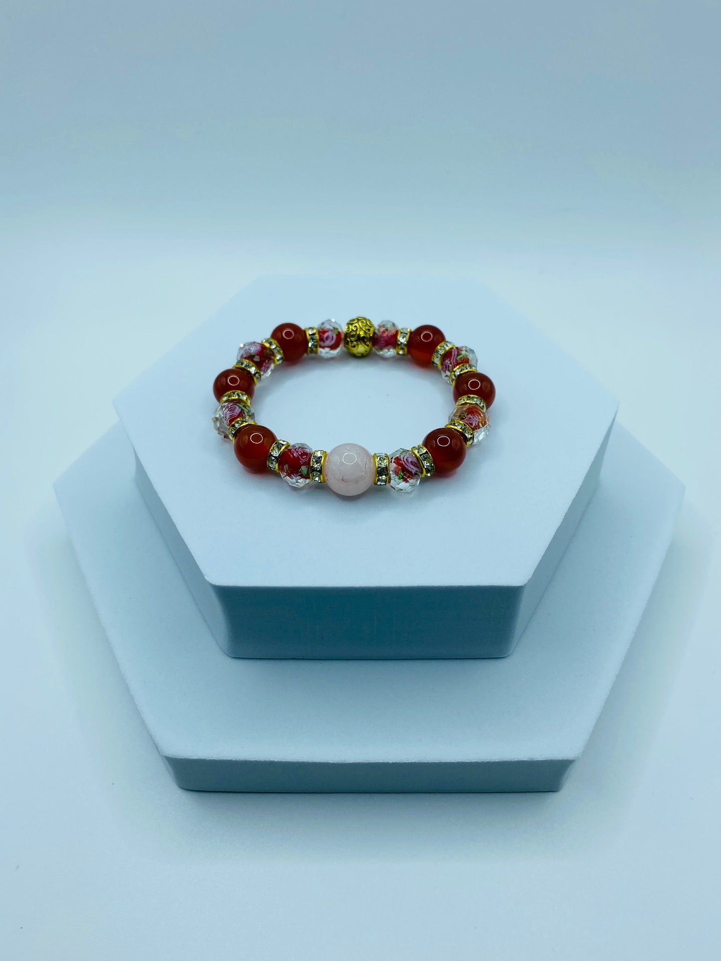 Rose Quartz Bracelet: Red Carnelian, Lampwork Floral Glass Beads