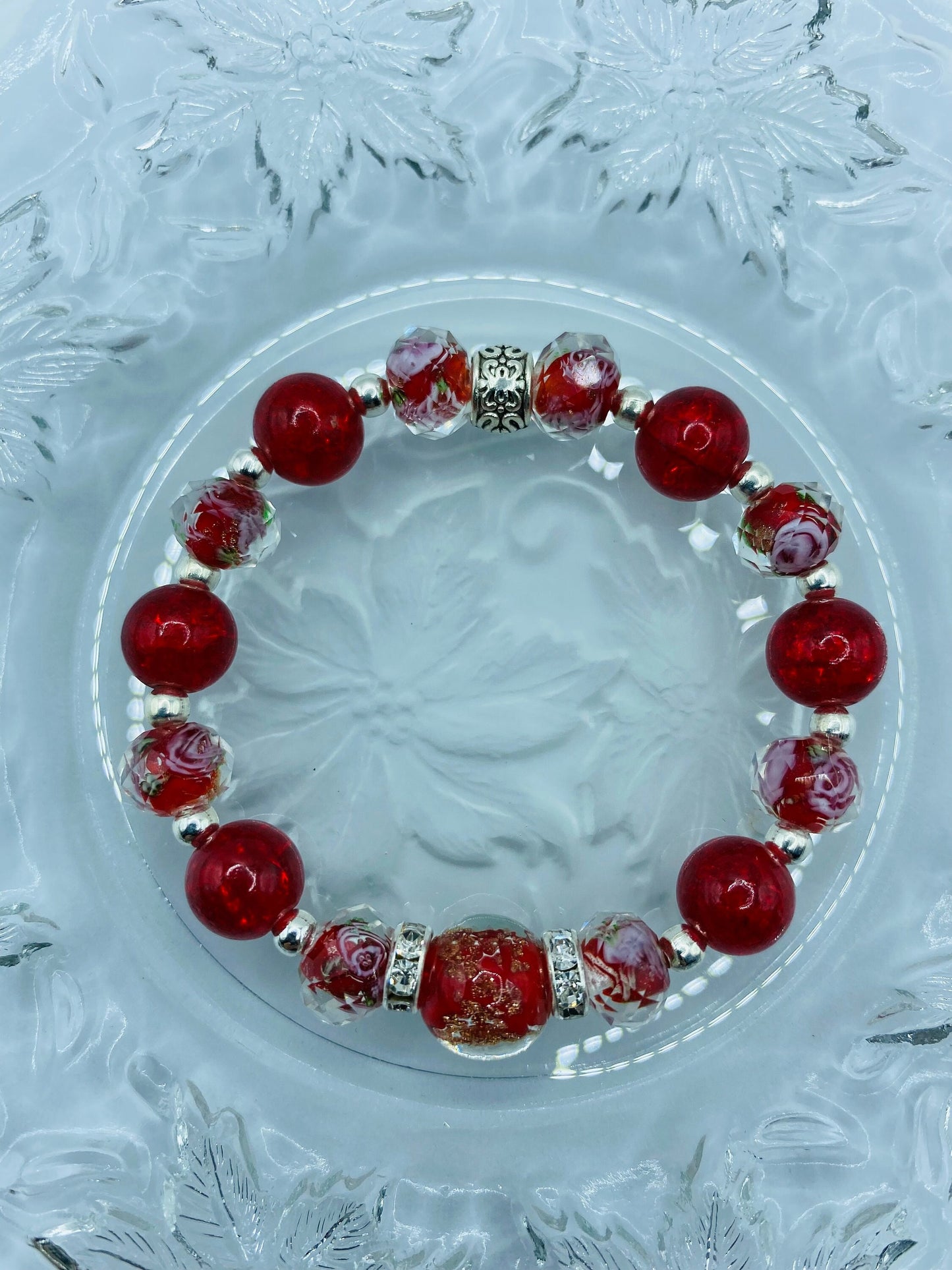 Red Lampwork Glass Bead Bracelet: Hematite & Crystal Rondelles