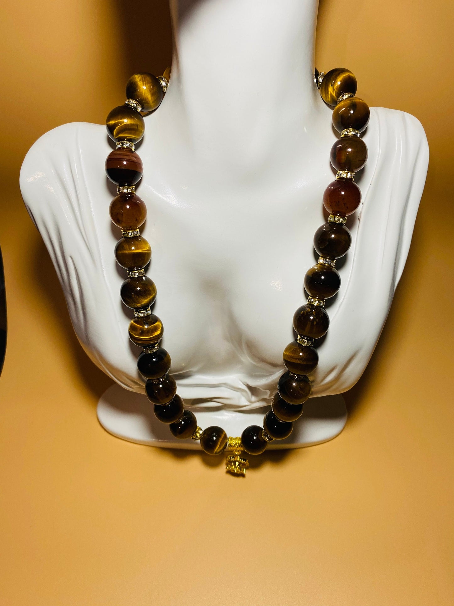 Tigers Eye Beaded Necklace with Gold Sunflower Charm