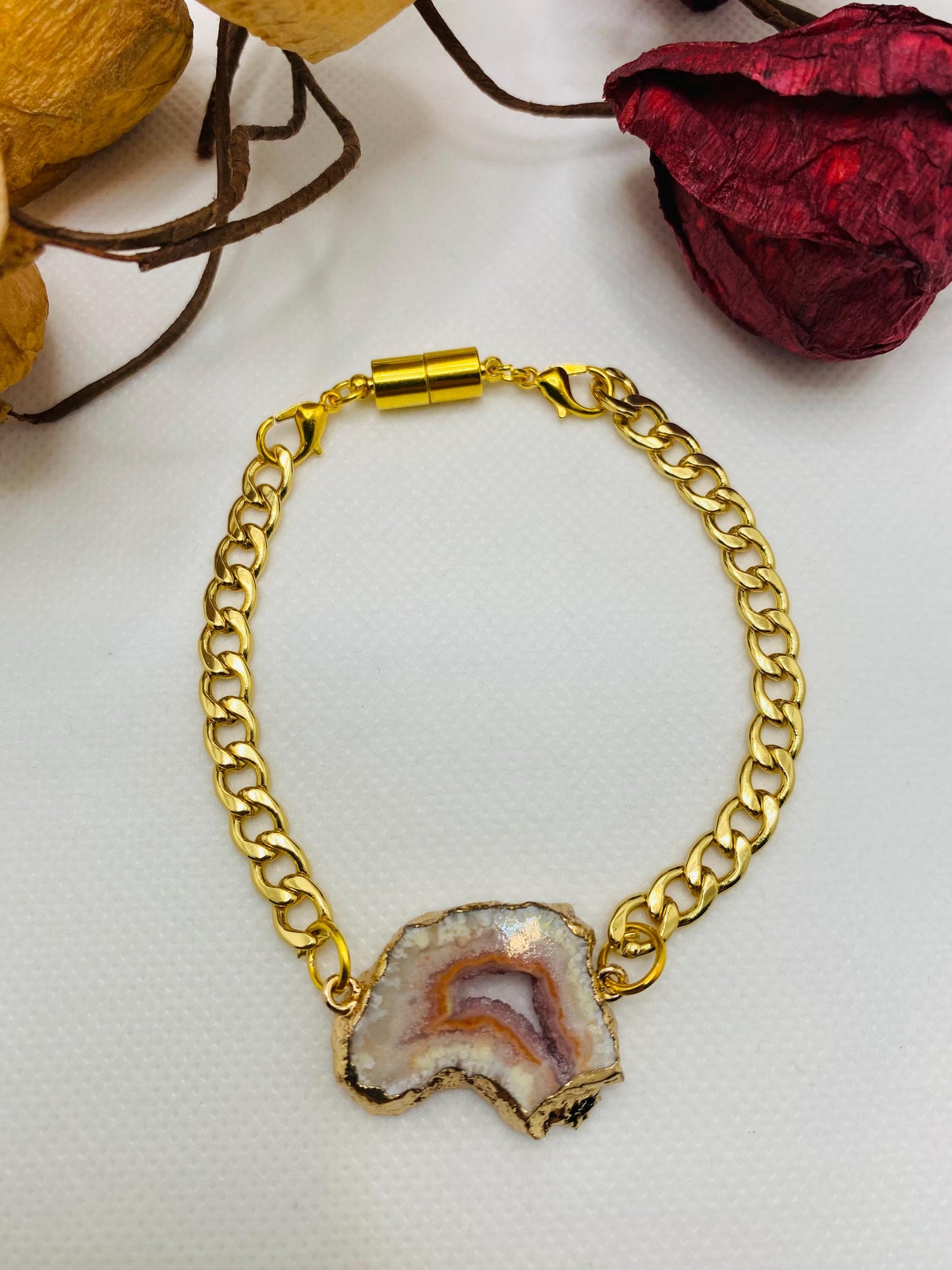 Handmade 18k Gold Cuban Link Bracelet: Geode Agate Gemstone, Magnetic Clasp