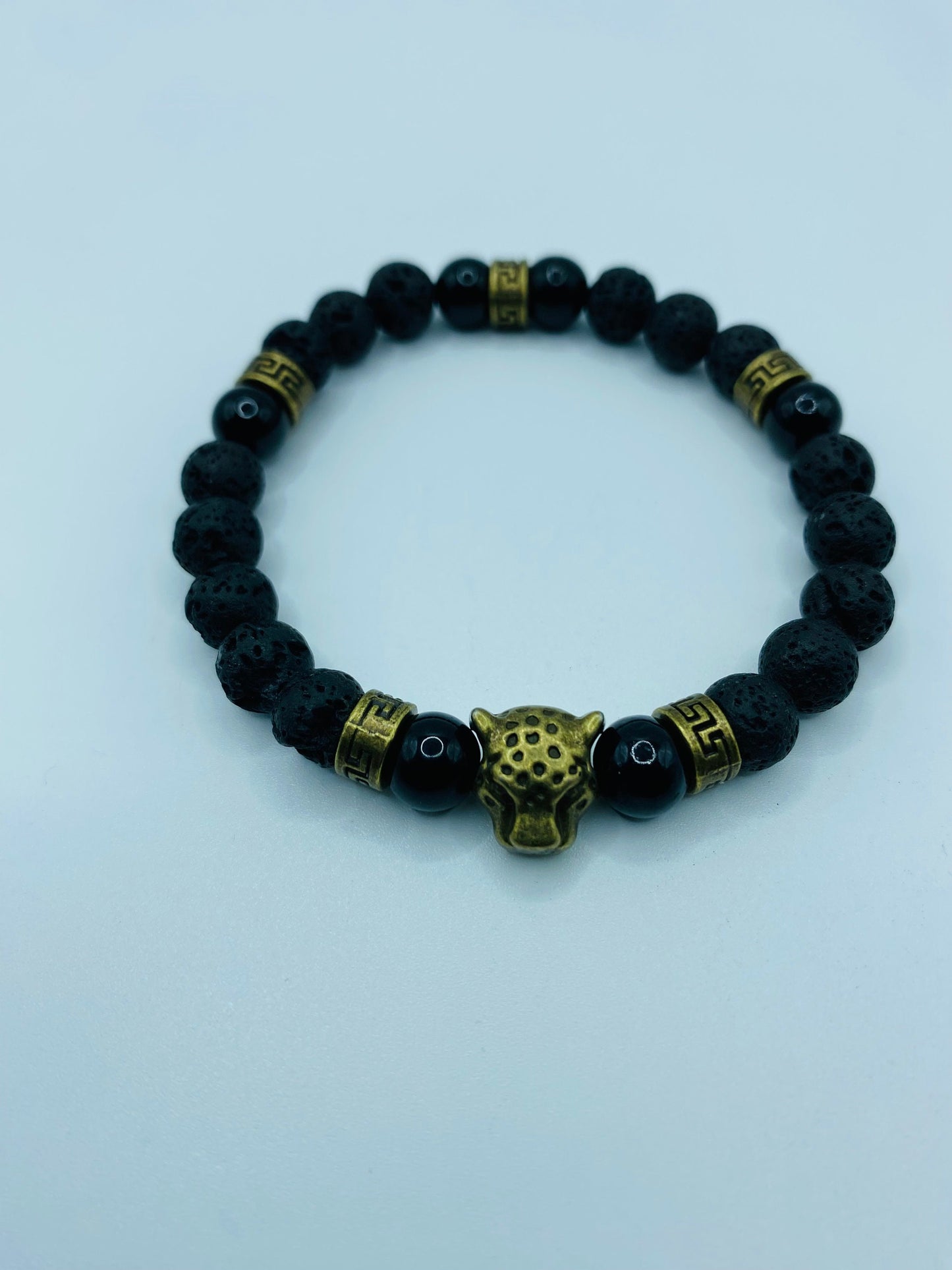 Black Onyx Lava Rock Bracelet with Bronze Leopard Charm