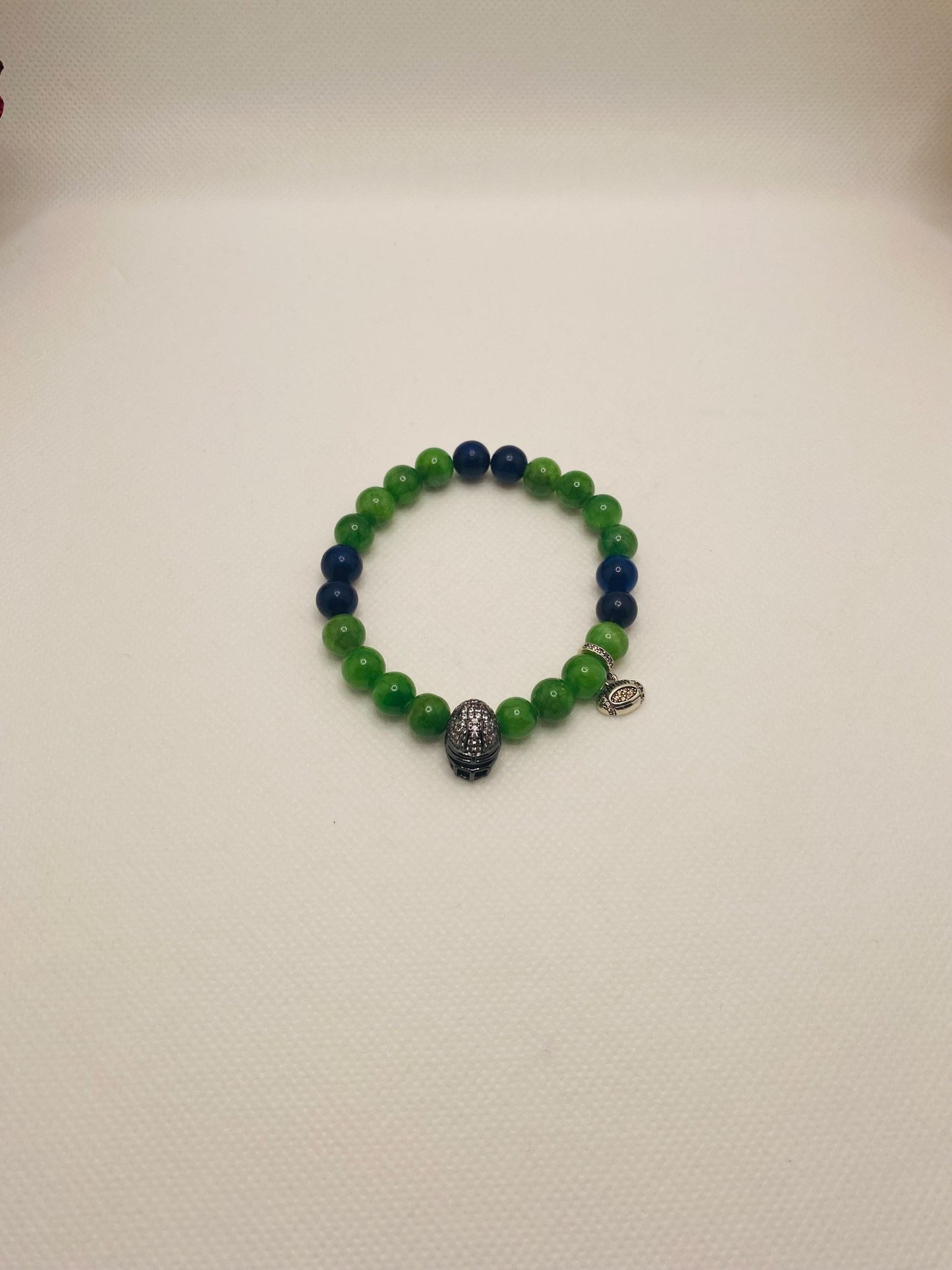 Seattle Seahawks Beaded Bracelet: Chalcedony, Lapis Lazuli, Football Charms