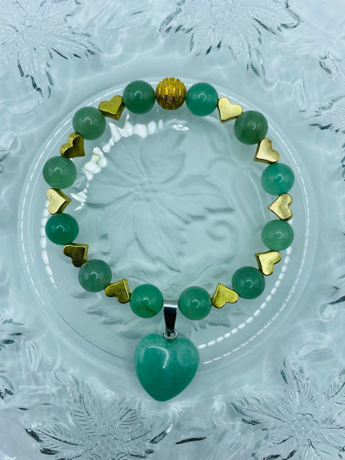 Handmade Green Aventurine Heart Bracelet: 18K Gold Plated Charms