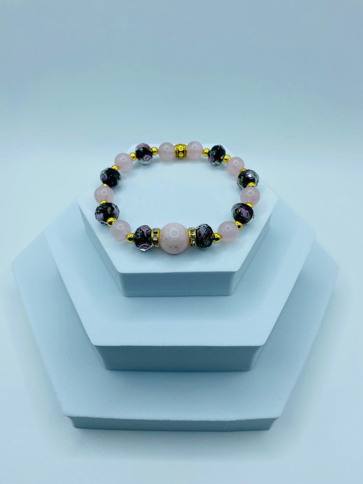 Rose Quartz Bracelet: Lampwork Flower Glass & Gold-Plated Hematite Beads