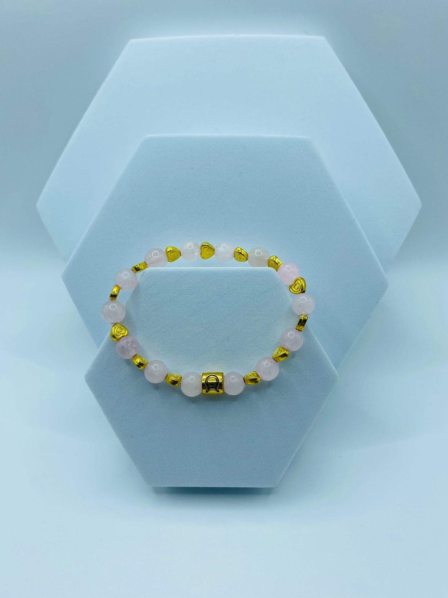 Rose Quartz Bracelet: 18K Gold Heart & Taurus Zodiac Charm