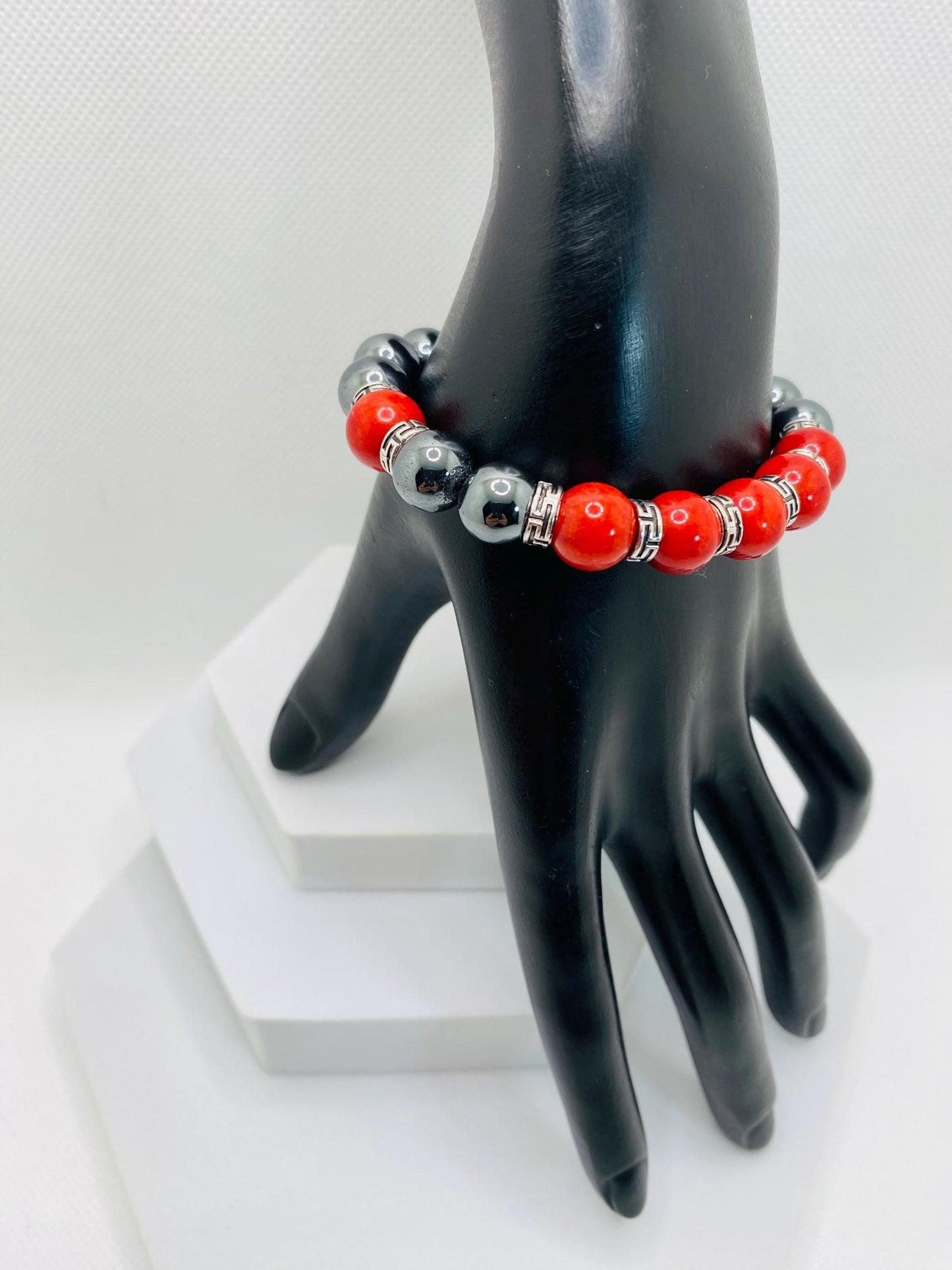 Men's Hematite Bracelet: Red Coral Beads, Tibetan Jewelry