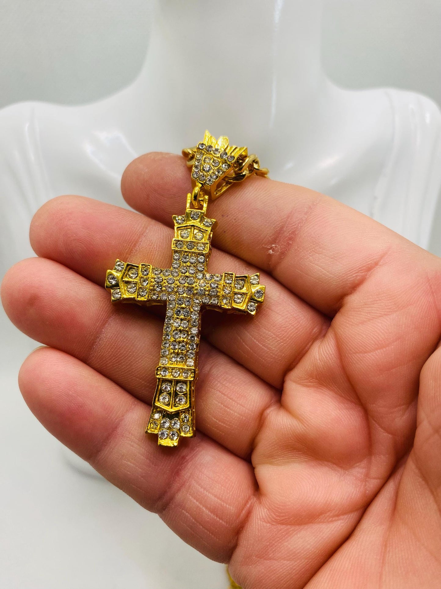 Gold Cross Necklace: Rhinestone Cuban Link Chain, Religious Jewelry