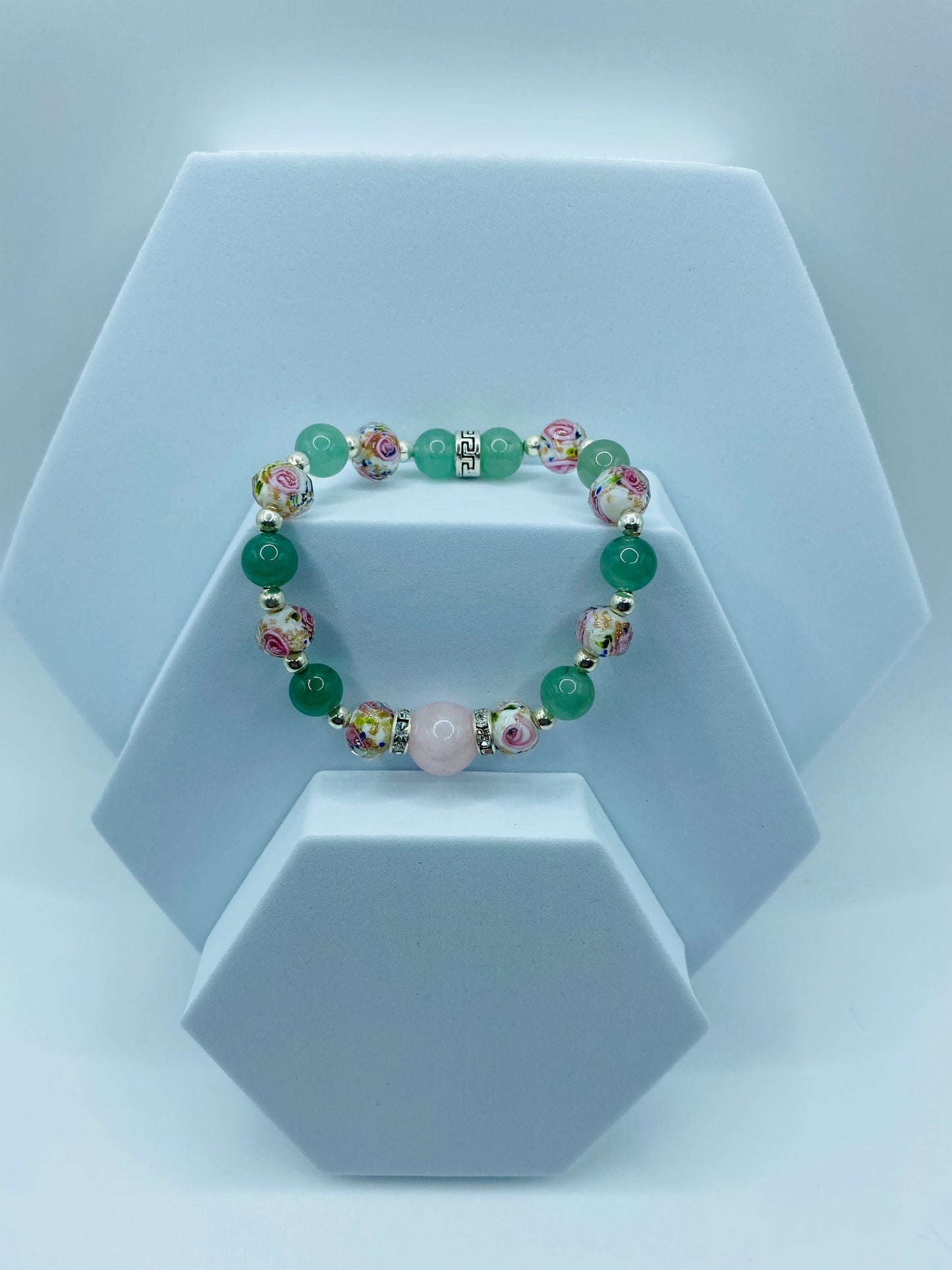 Rose Quartz Bracelet with Green Aventurine & Lampwork Glass Beads - Hematite Gemstone Bracelet