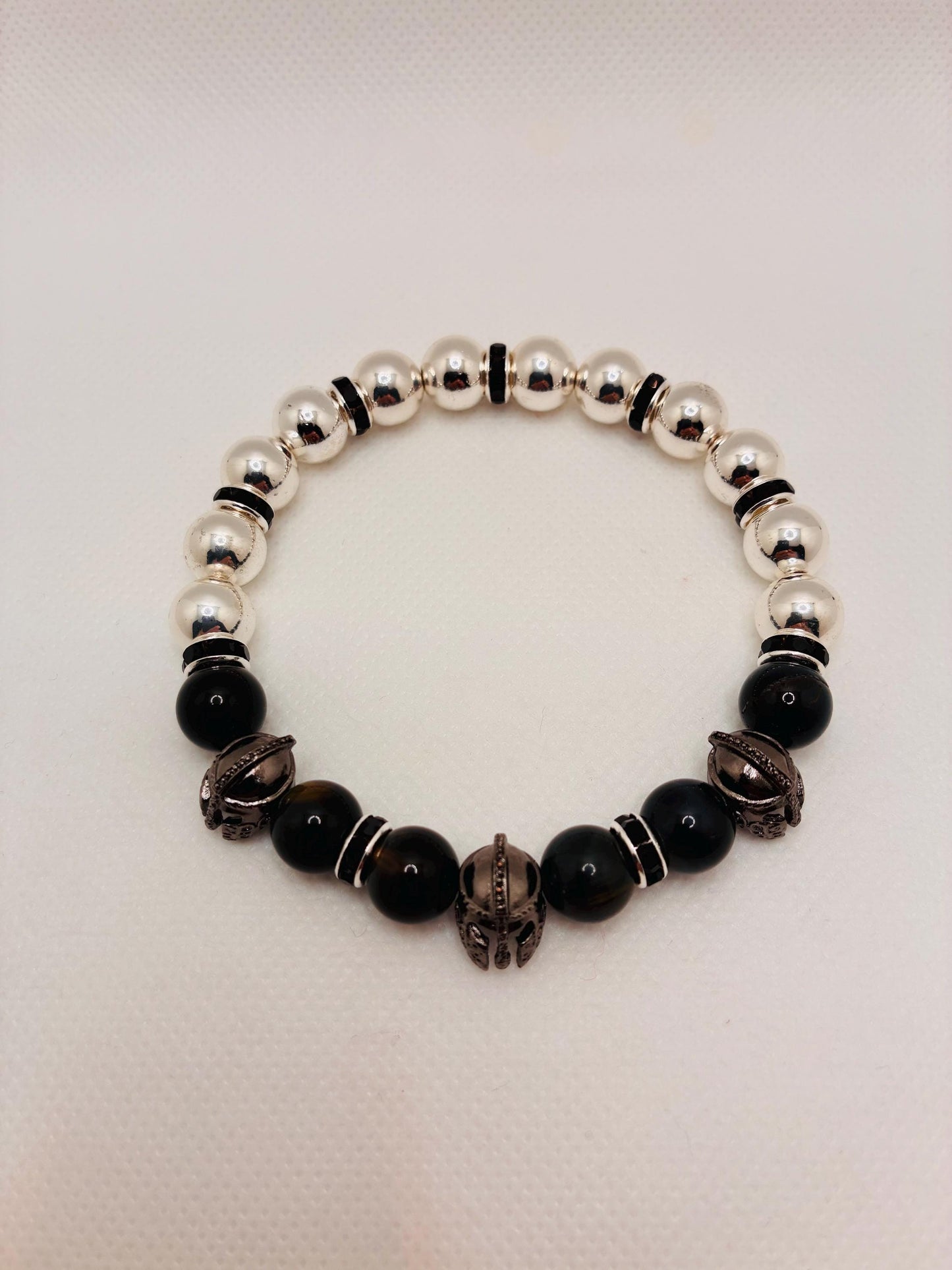 Mens Spartan Helmet Bracelet: Silver Hematite & Obsidian Gemstone Beads, Medieval Jewelry