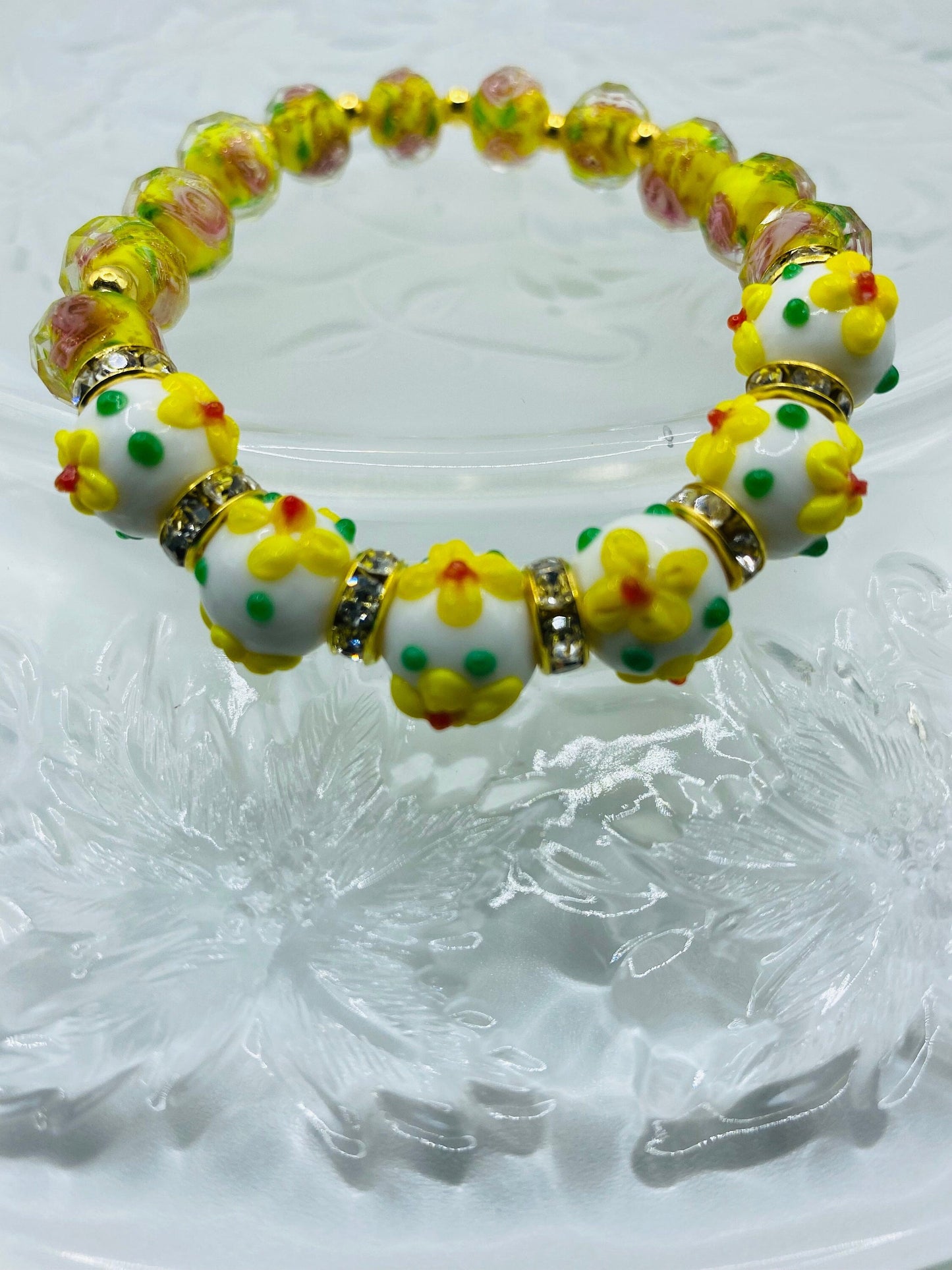 Yellow Flower Lampwork Glass Bead Bracelet: Rhinestone Rondelles