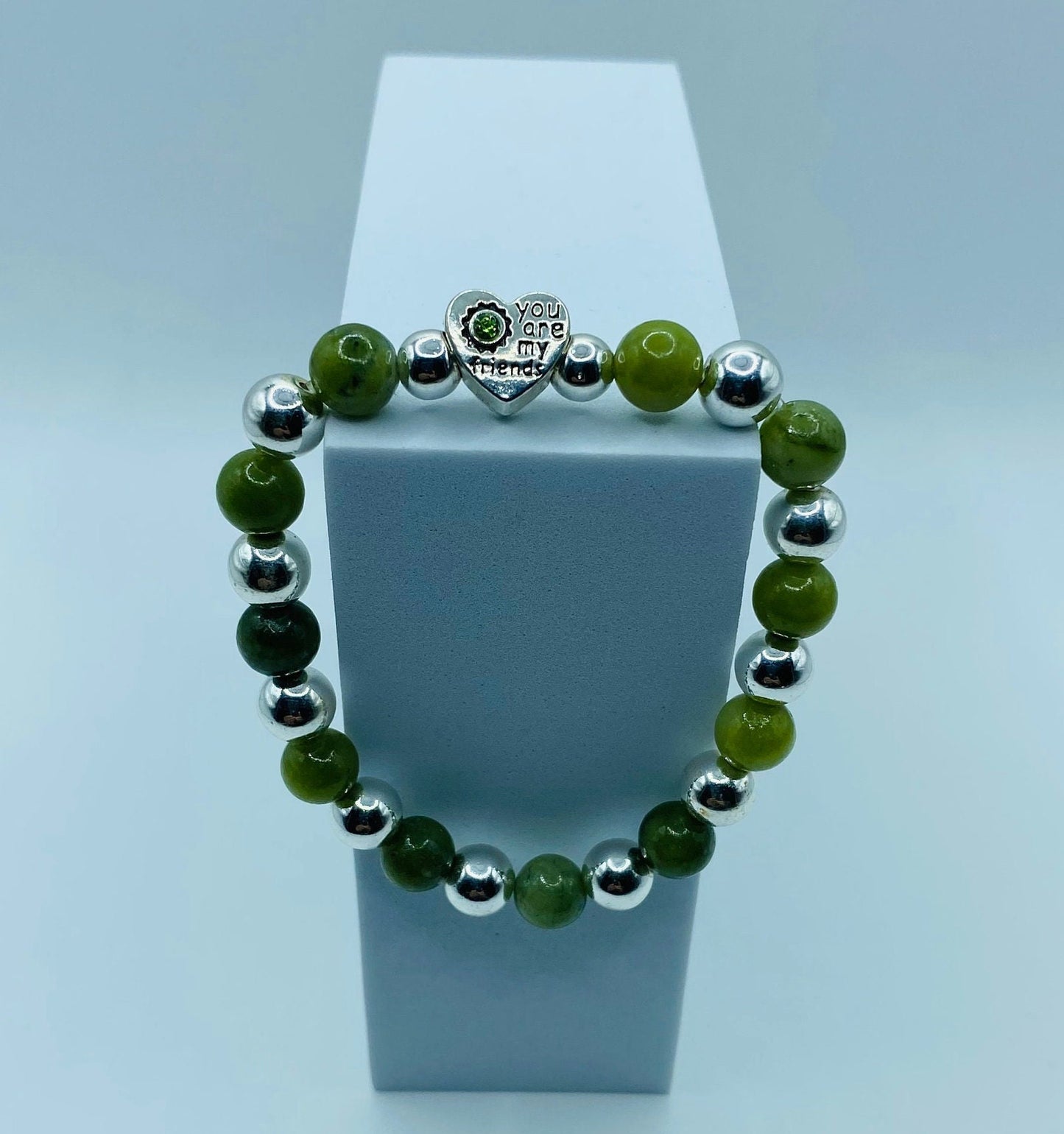Friendship Bracelet with Green Jade & Hematite Gemstone Beads, Heart Jewelry Gifts for Friends