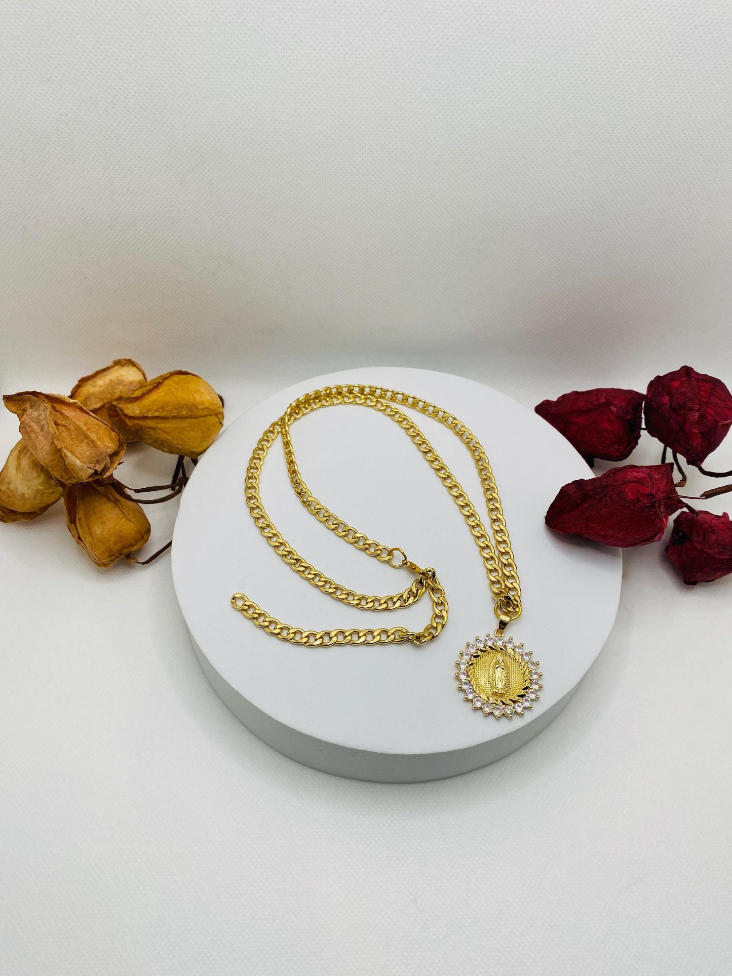 Virgin Mary Necklace: Gold Cuban Link Chain, Religious Jewelry