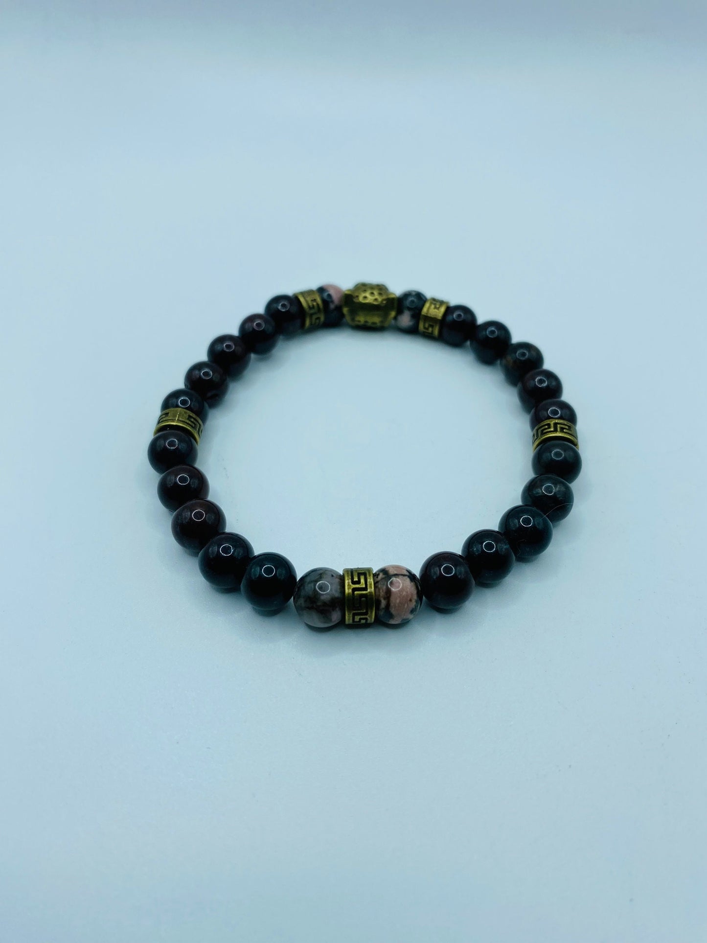 Mens Leopard Charm Bracelet: Bronzite Gemstone Beads, Tibetan Spacers