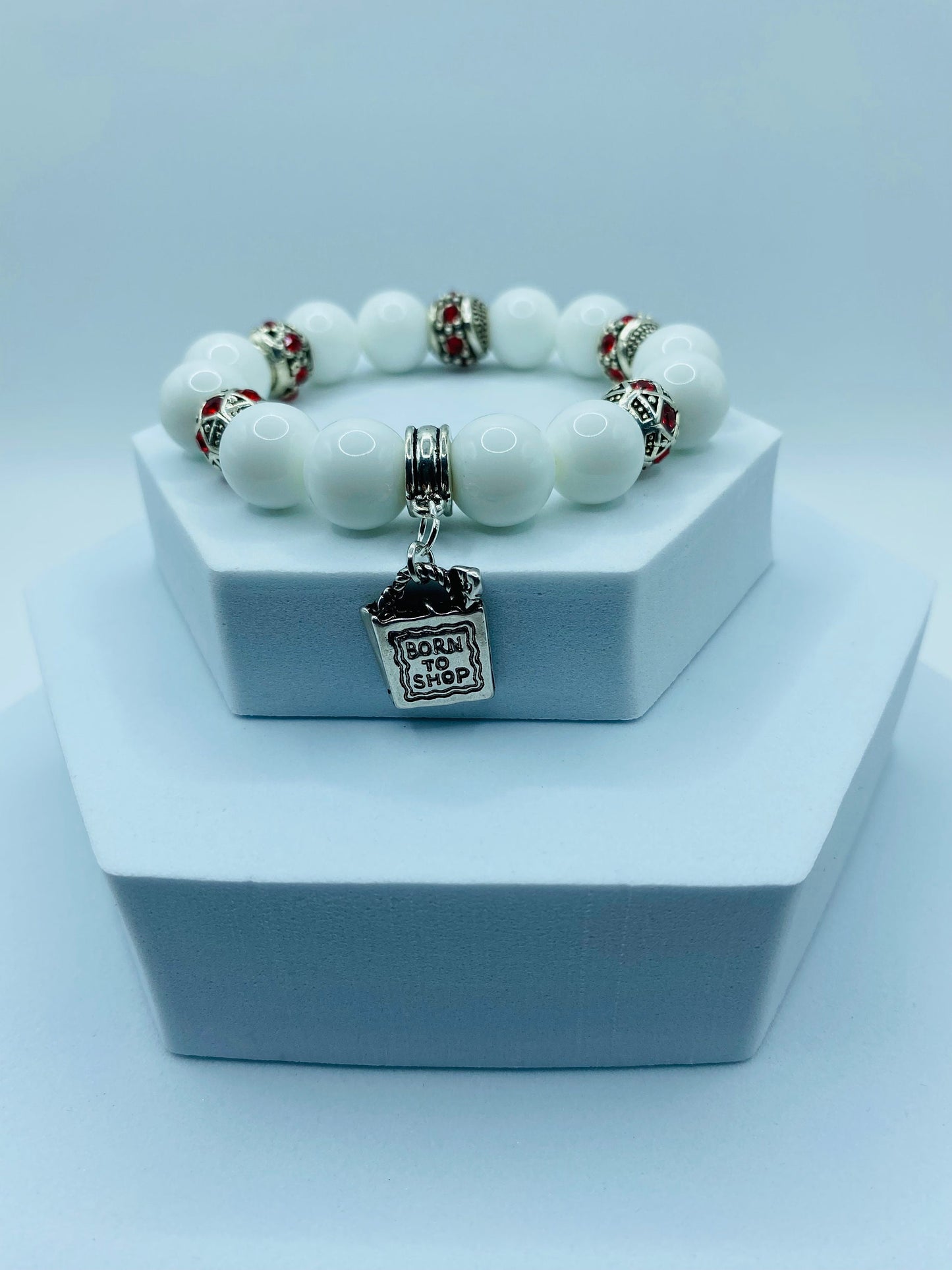 Porcelain Charm Bracelet: Red Rhinestone Handbag Pendant, Antique Silver