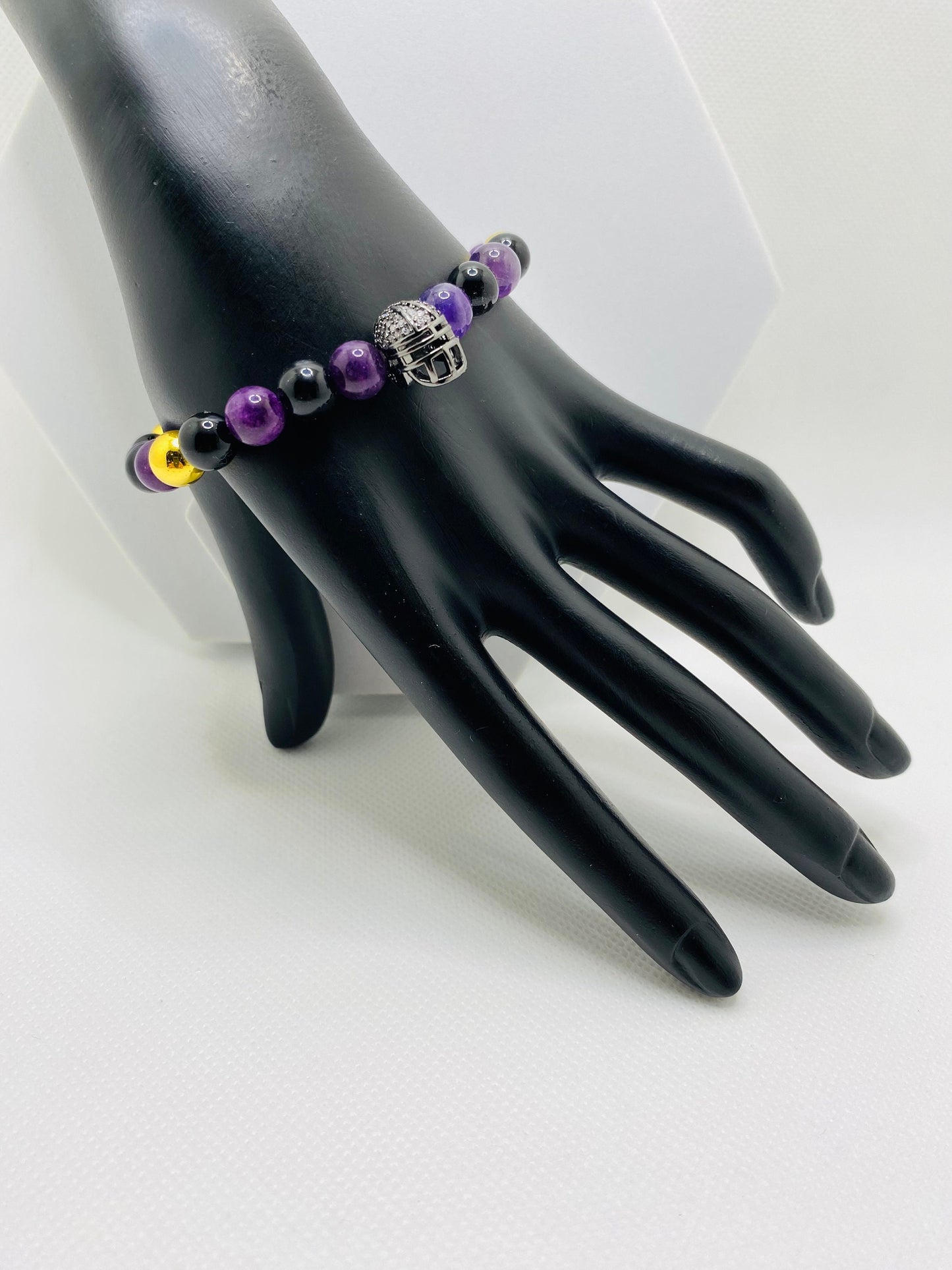 Mens Bracelet Baltimore Ravens Custom Jewelry with Football Helmet & Gemstone Beads, Gifts for him