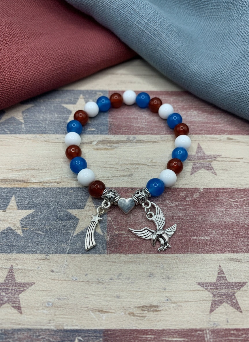 Red White Blue Gemstone Charm Bracelet: Eagle, Star, Heart
