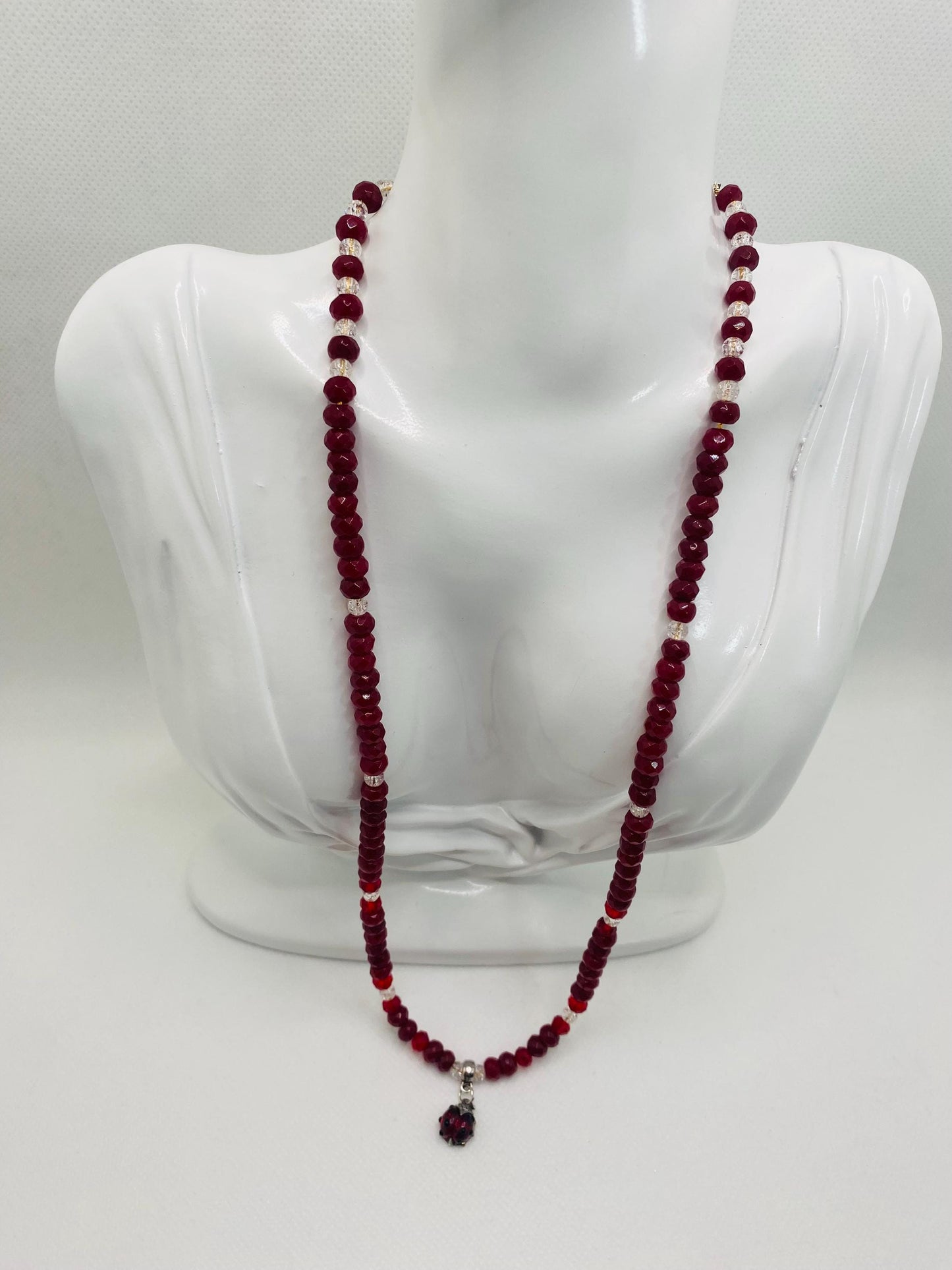 Handmade Red Jade Necklace: Ladybug Charm, Crystal Quartz Beads