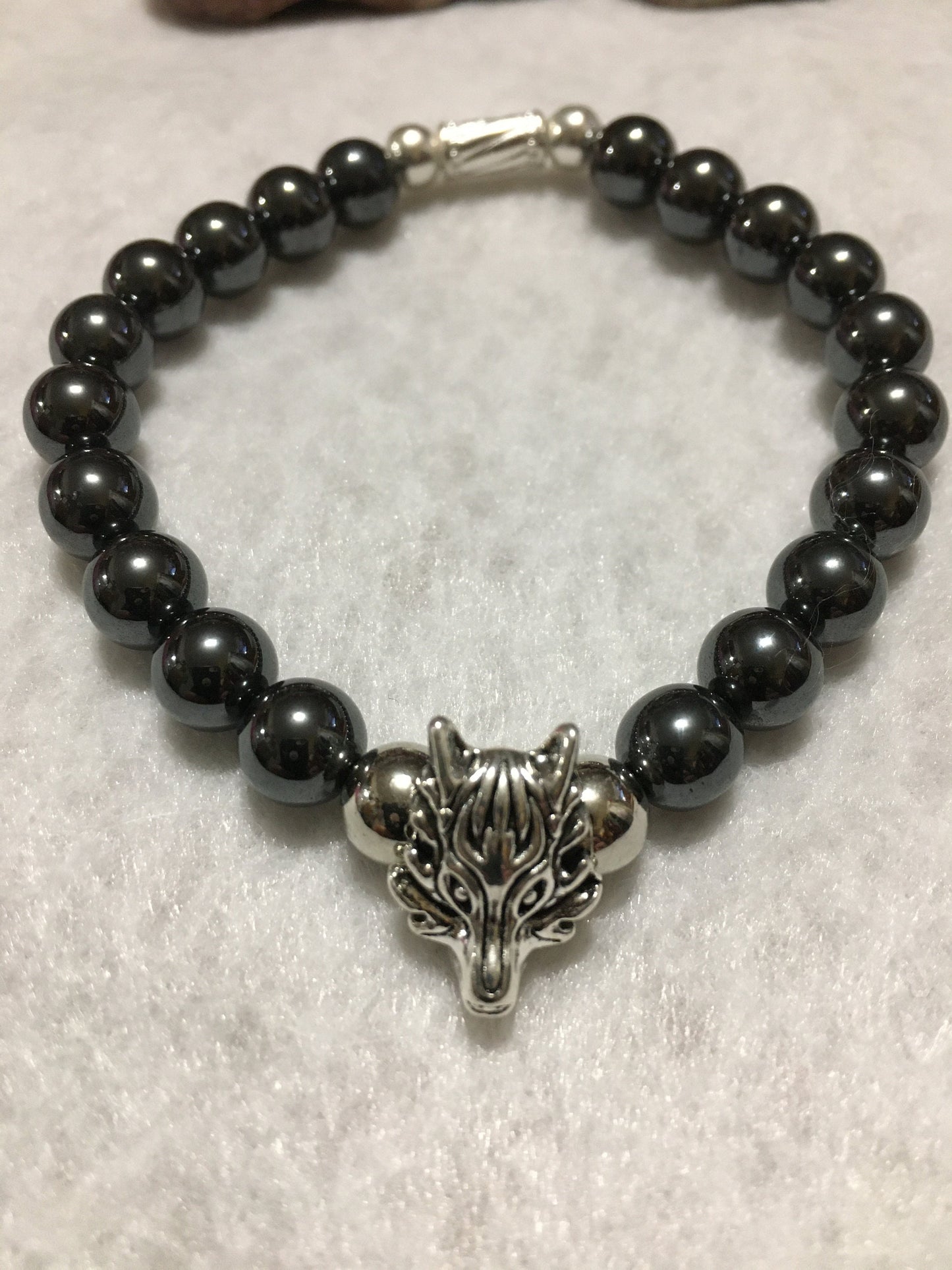 Silver Wolf Charm Bracelet with Hematite Gemstone Beads