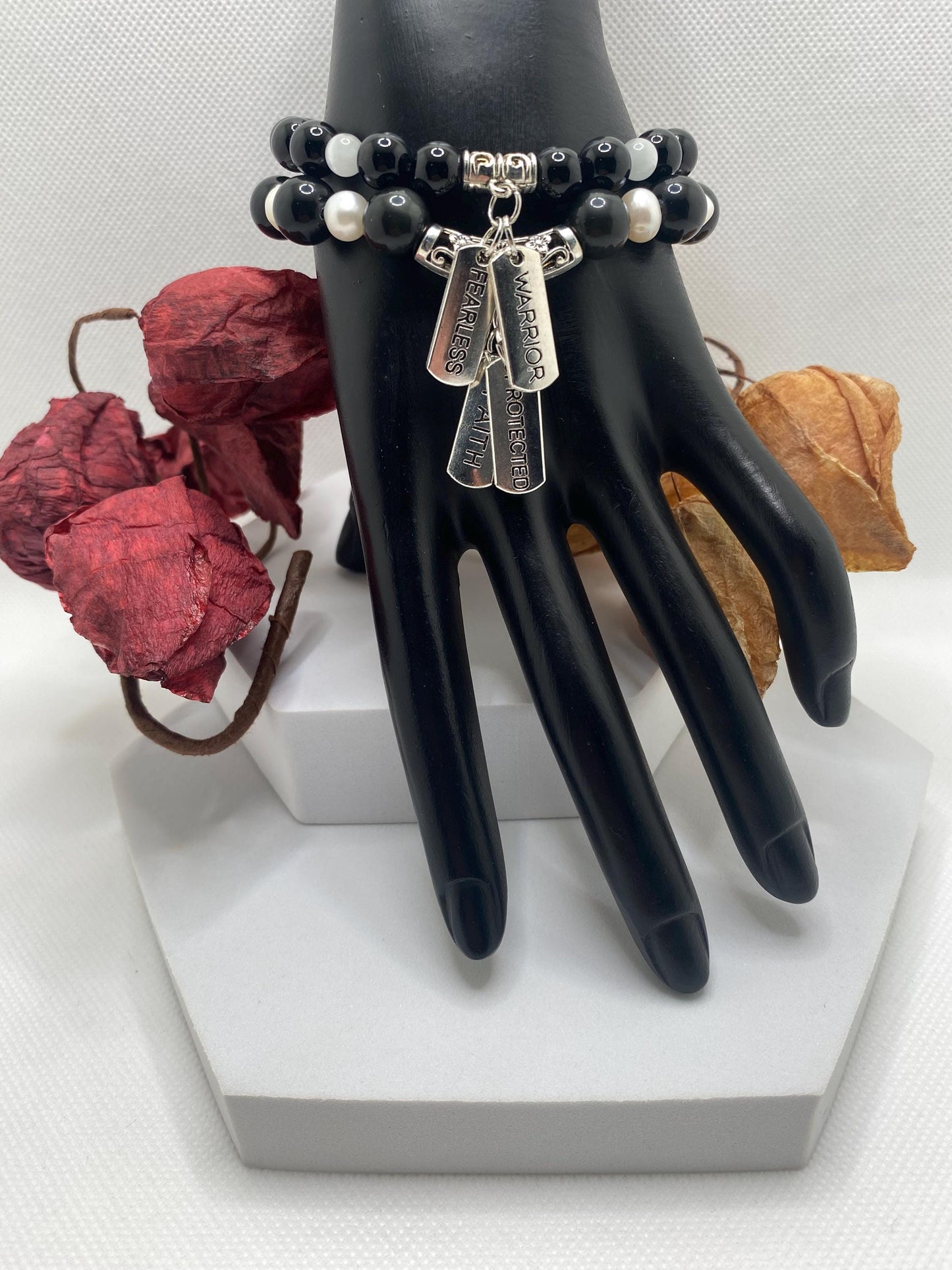 Obsidian & Pearl Charm Bracelet: Stainless Steel Inspirational Quotes