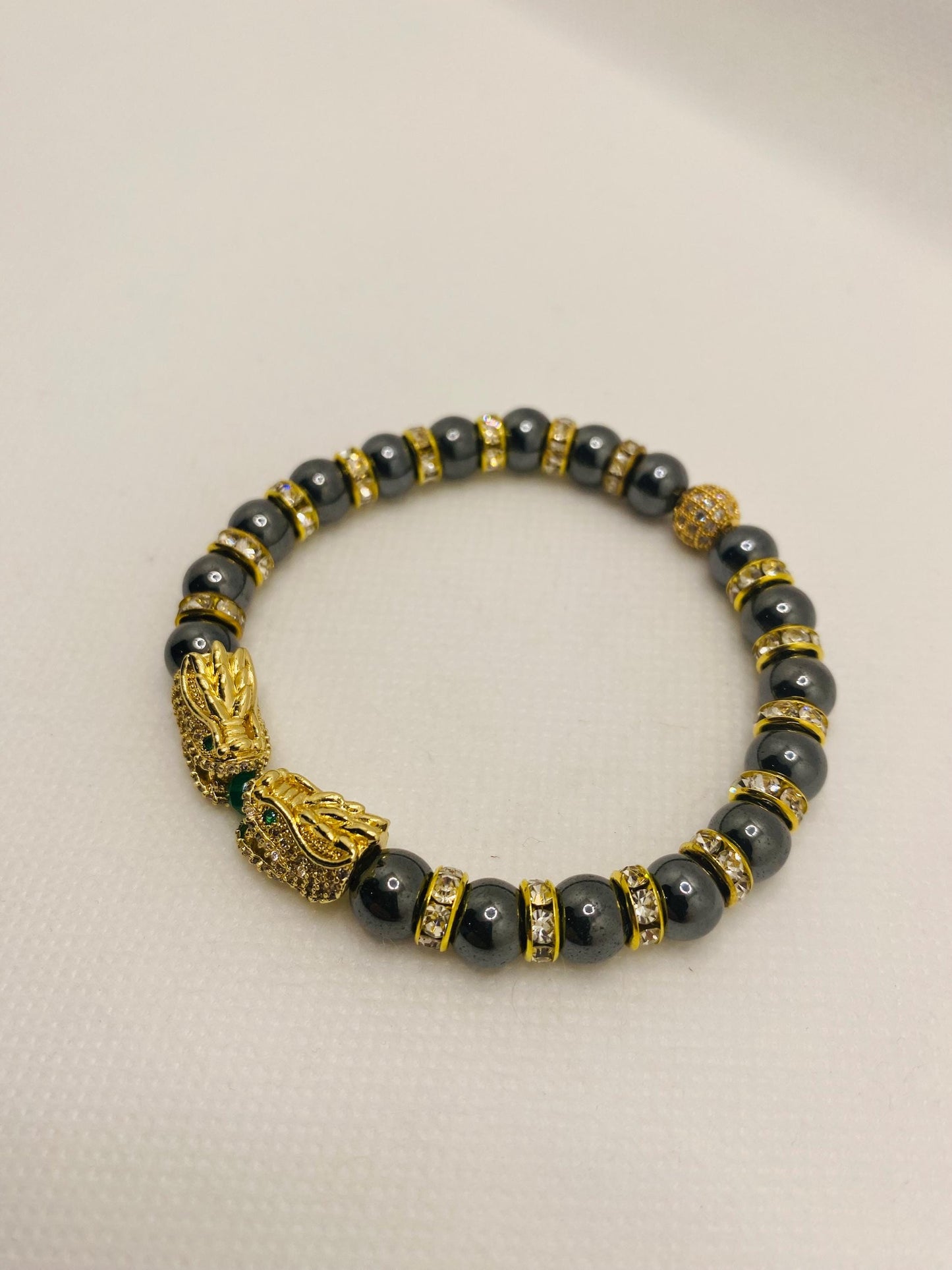 Dragon Hematite Beaded Bracelet: Gold CZ Charm, Handmade