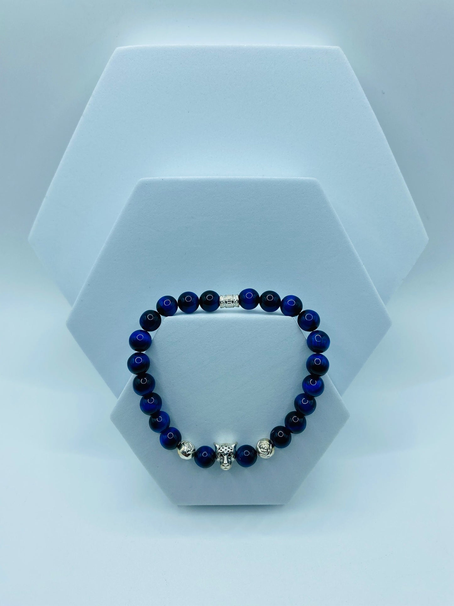 Blue Tiger's Eye Bracelet: Leopard Charm, Silver Beads