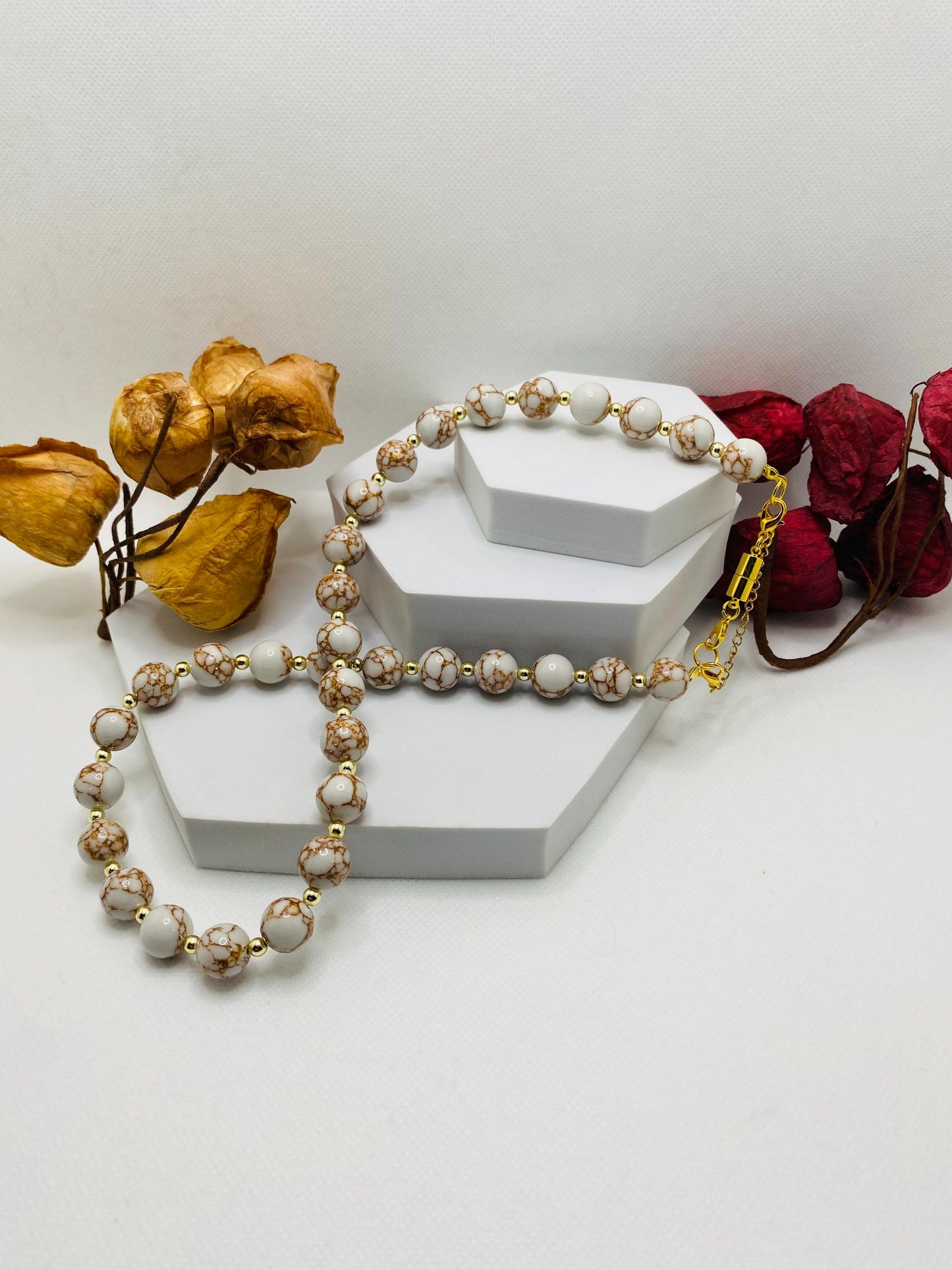 Howlite Gemstone Necklace: Gold Hematite Beaded Jewelry