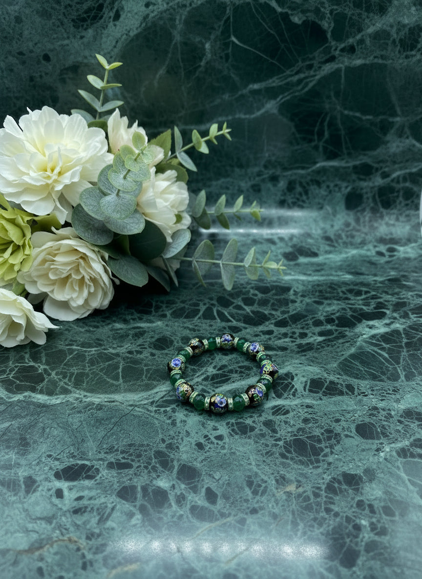 Floral Lampwork Glass Bead Bracelet: Emerald Green Crystal Rhinestone Rondelles