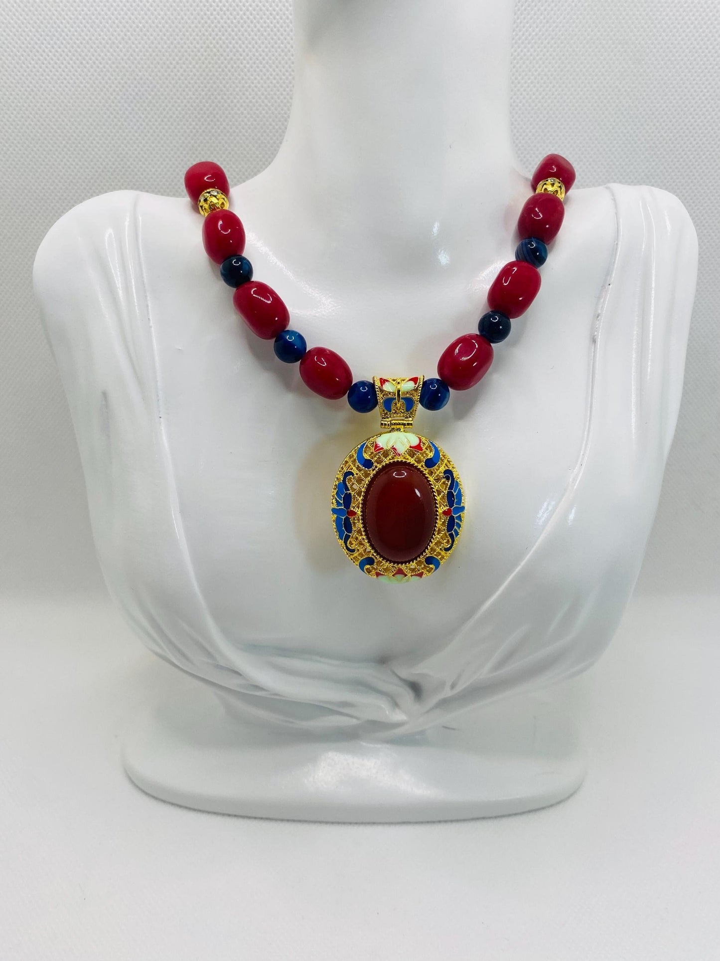 Chalcedony Pendant Necklace: Red Jade & Agate Gemstone Boho Jewelry