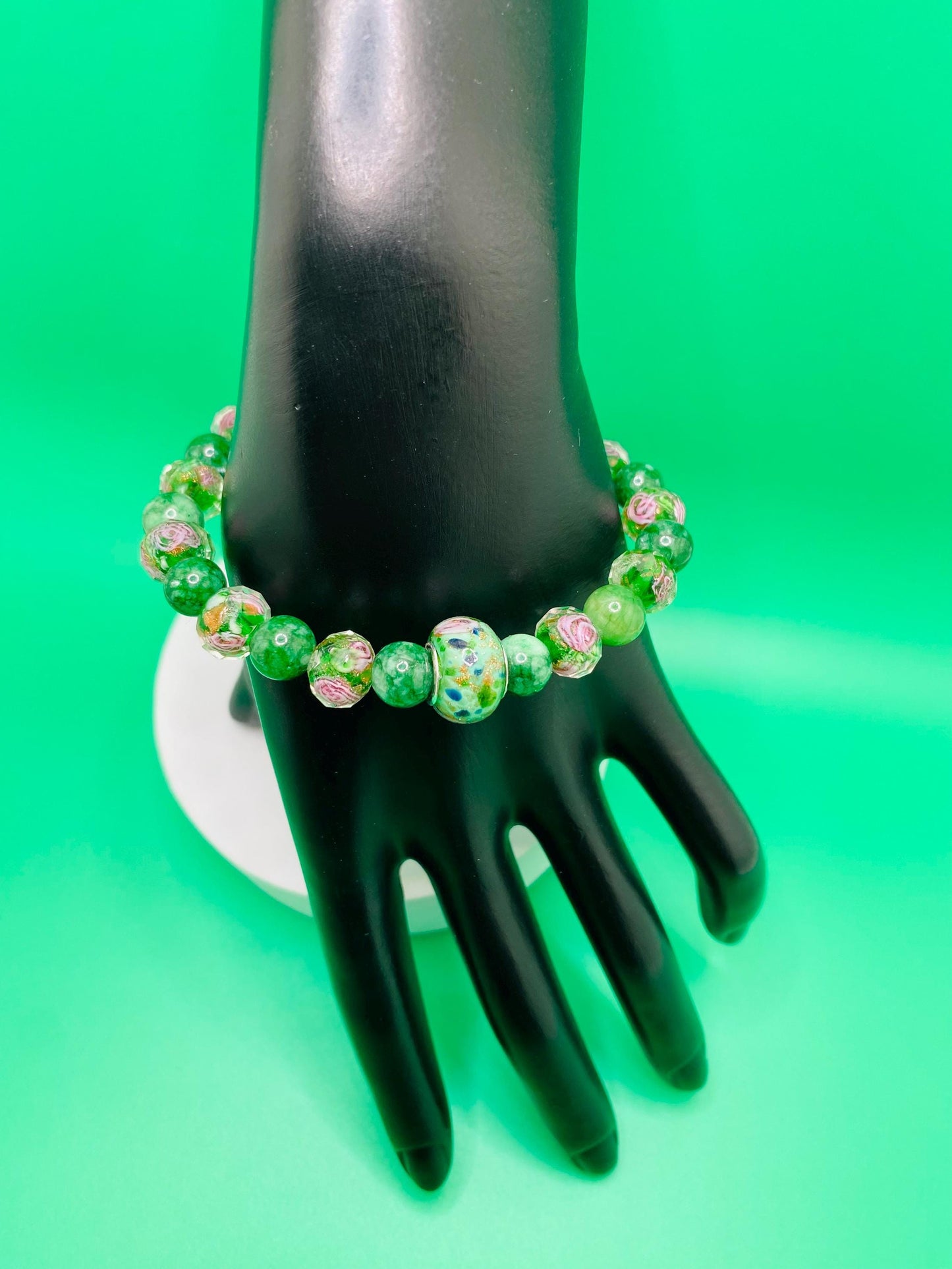 Lampwork Glass & Chalcedony Beaded Bracelet: Handmade Floral Jewelry