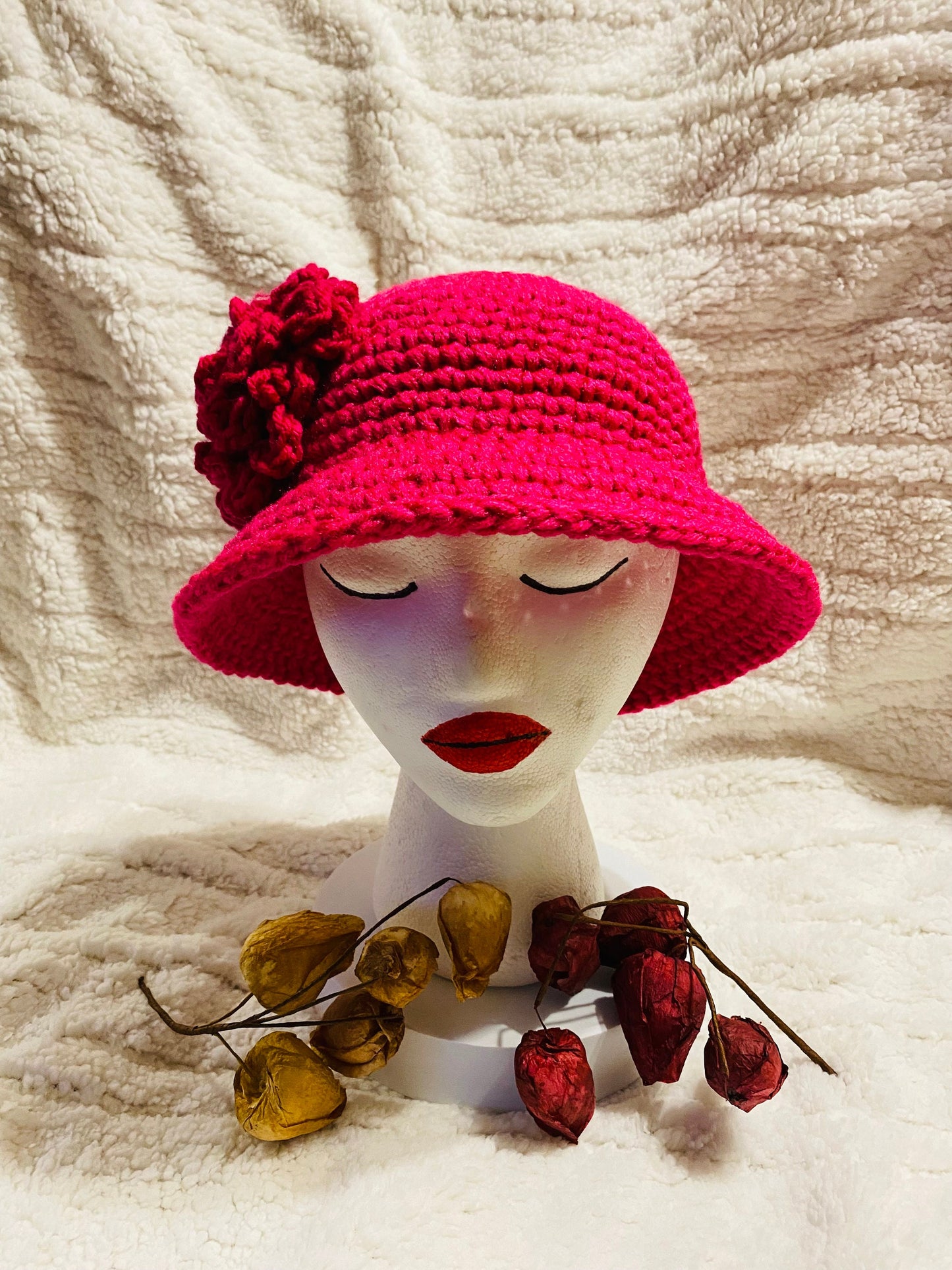 Hot Pink Crochet Bucket Hat with Flower: Handmade Acrylic Sun Hat