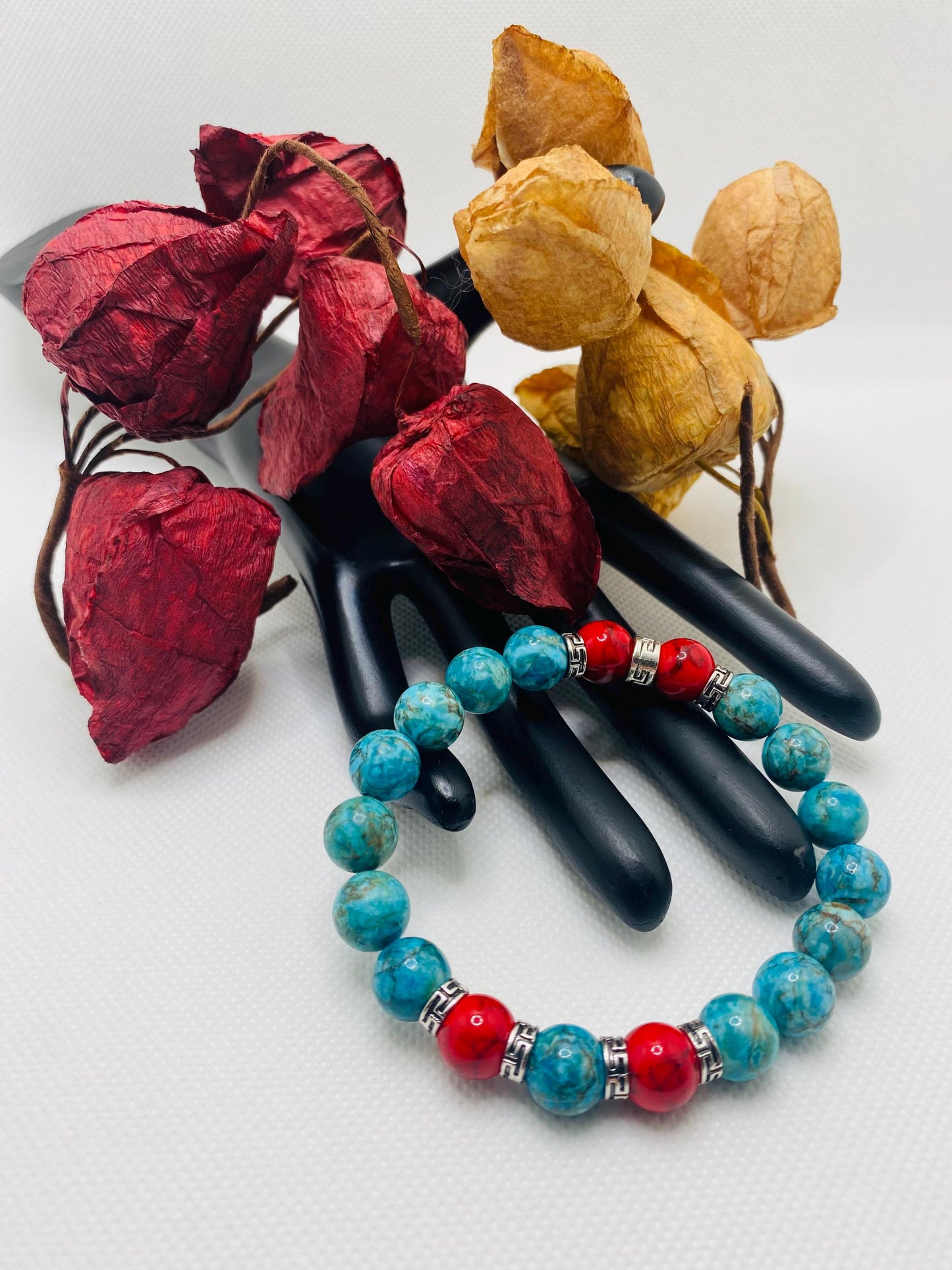 Turquoise & Red Gemstone Bracelet with Tibetan Spacers