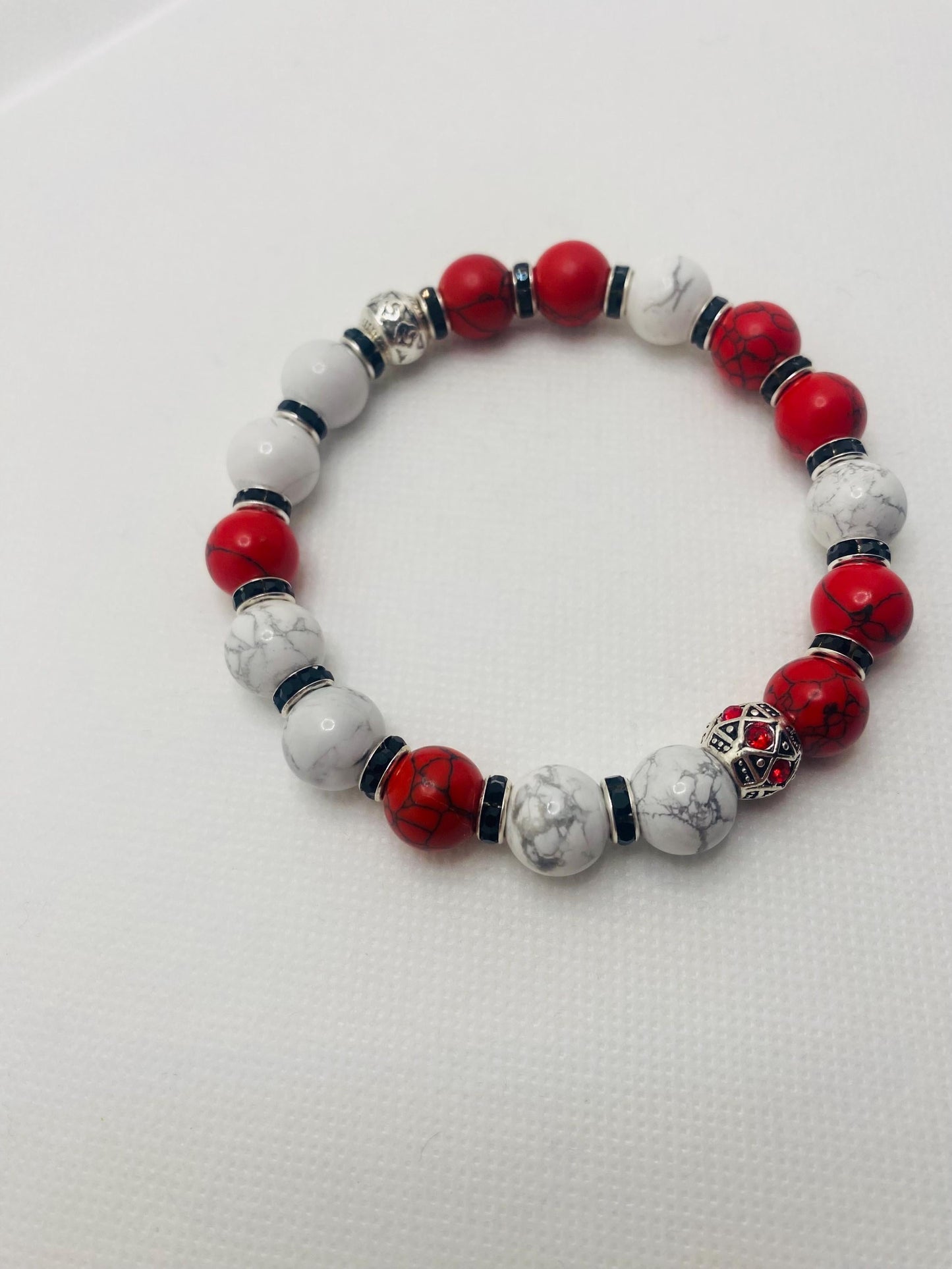 Mens Red Turquoise & Howlite Beaded Bracelet: Silver Rhinestone Charm