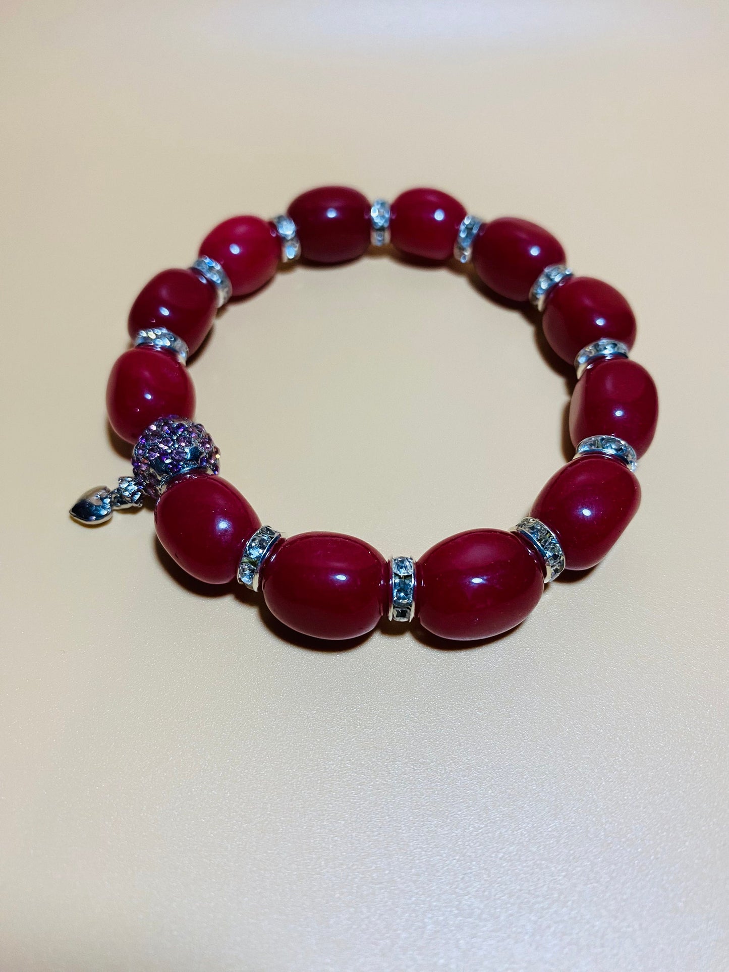 Red Jade Beaded Bracelet: Rhinestone Heart Charm, Silver Details