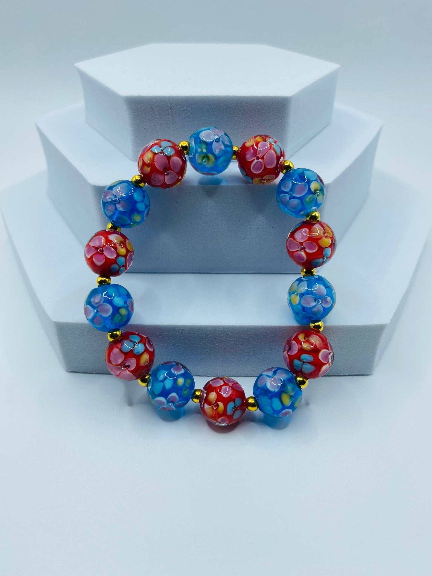 Floral Lampwork Glass Bead Bracelet: Red & Blue Murano Style