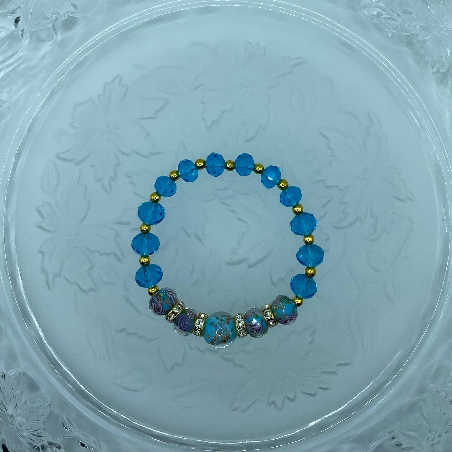 Lampwork Glass Bead Bracelet: Blue Topaz Crystal & 18K Gold Hematite
