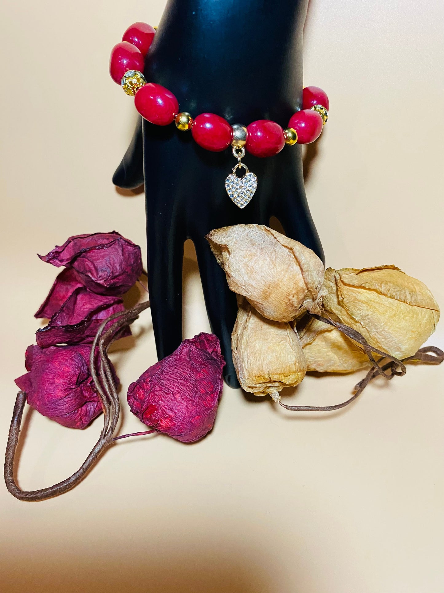 Red Jade Beaded Bracelet: Rhinestone Heart Pendant, Gold Accents