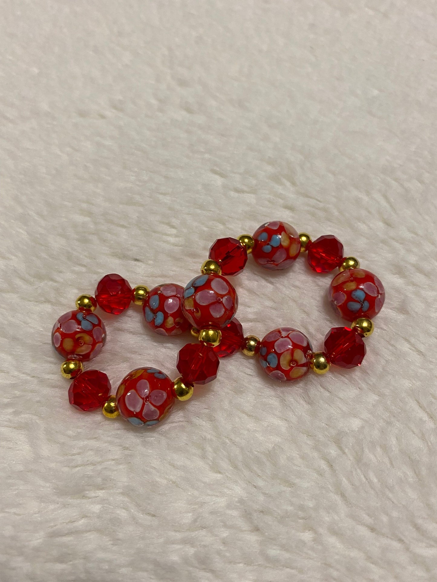 Red Floral Lampwork Glass Bead Bracelet: 18k Gold Hematite Accents
