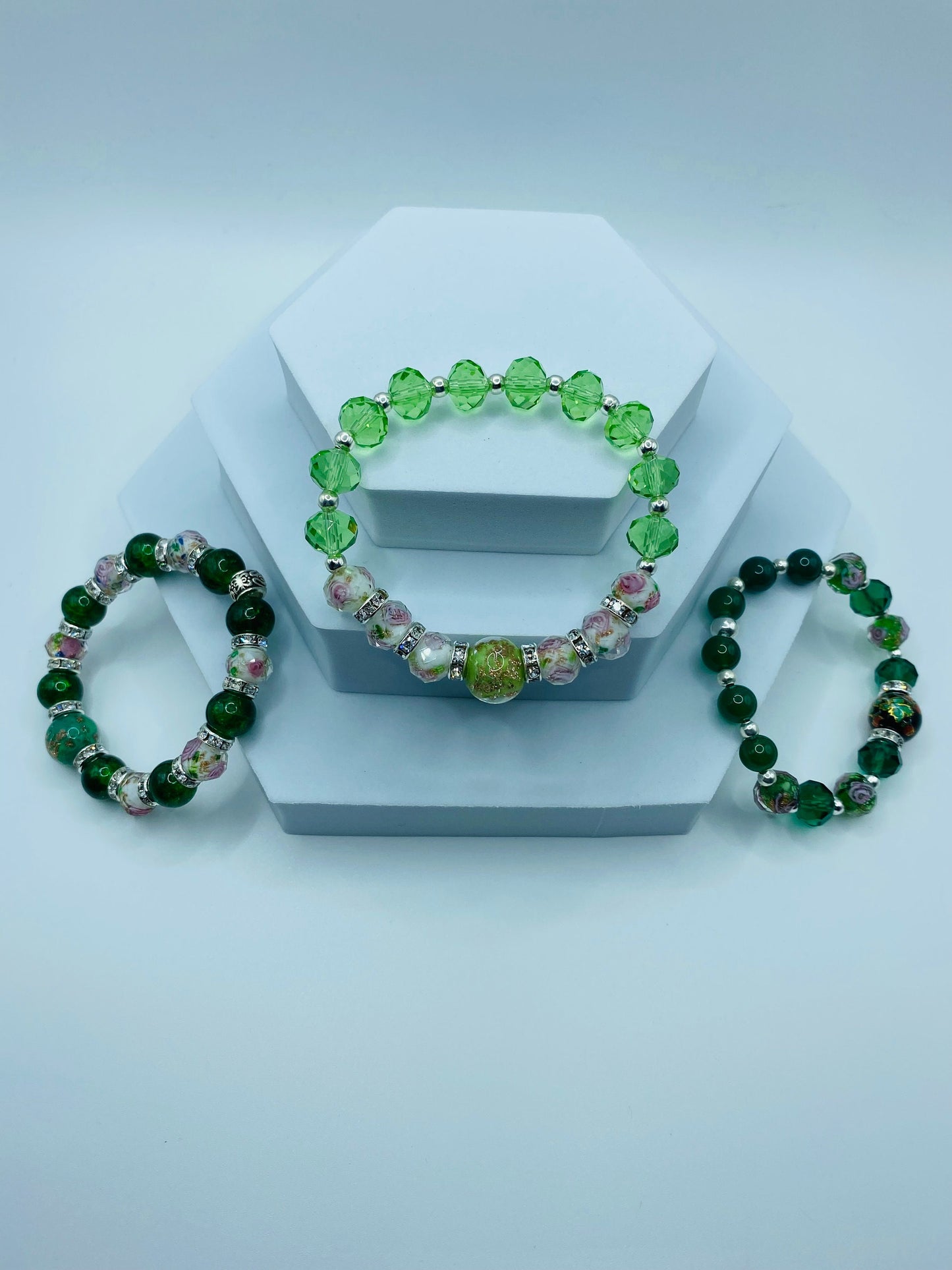 Lampwork Floral Crystal Bracelet: Green Glass Bead Handmade Jewelry