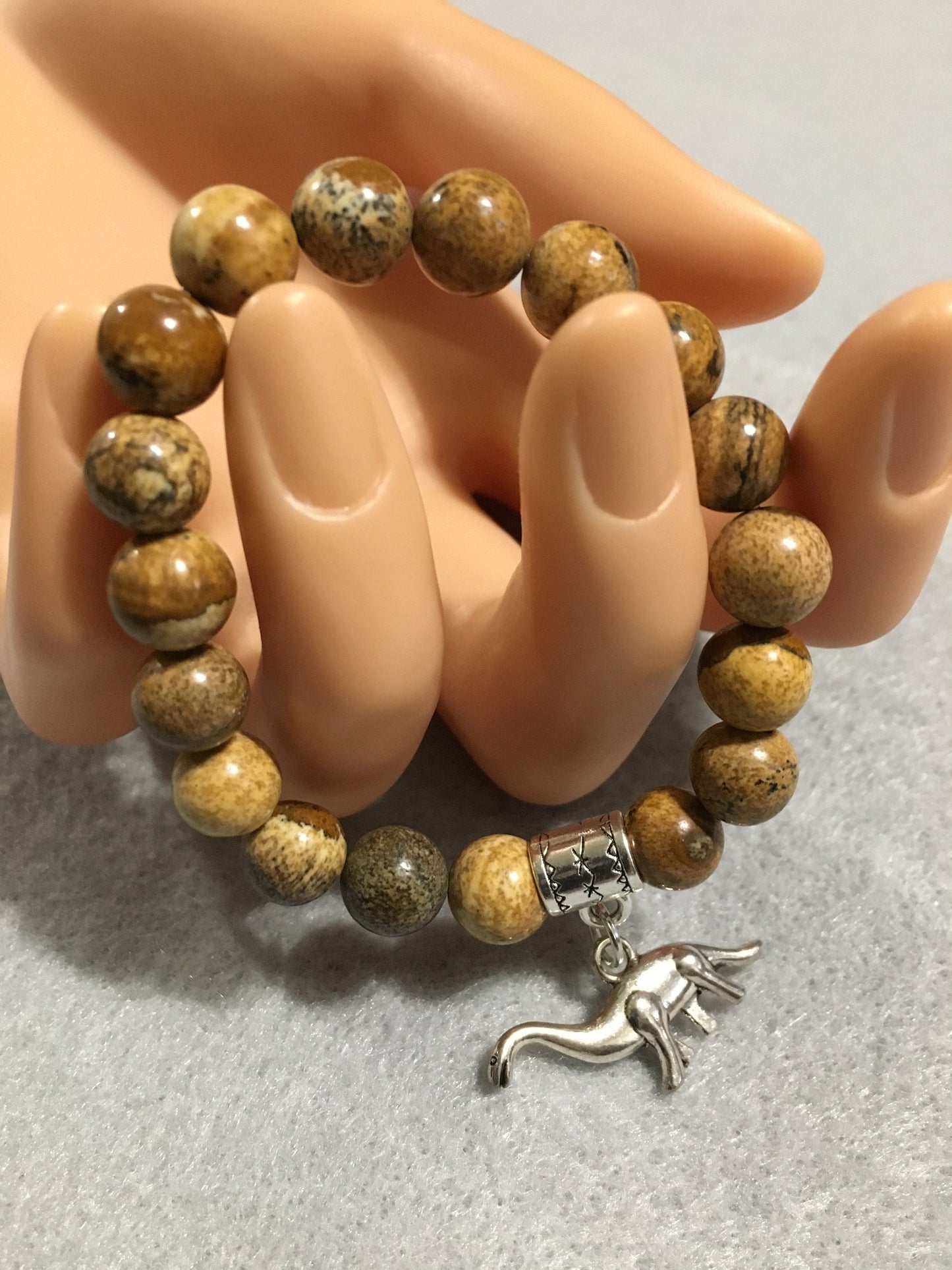 Picture Jasper Dinosaur Bracelet: Brontosaurus Charm, Jurassic Jewelry