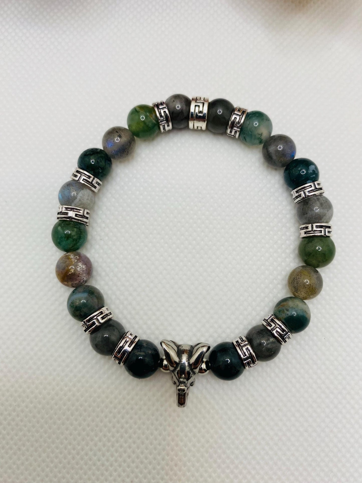 Moss Agate Beaded Bracelet: Elephant Charm, Tibetan Silver Spacers
