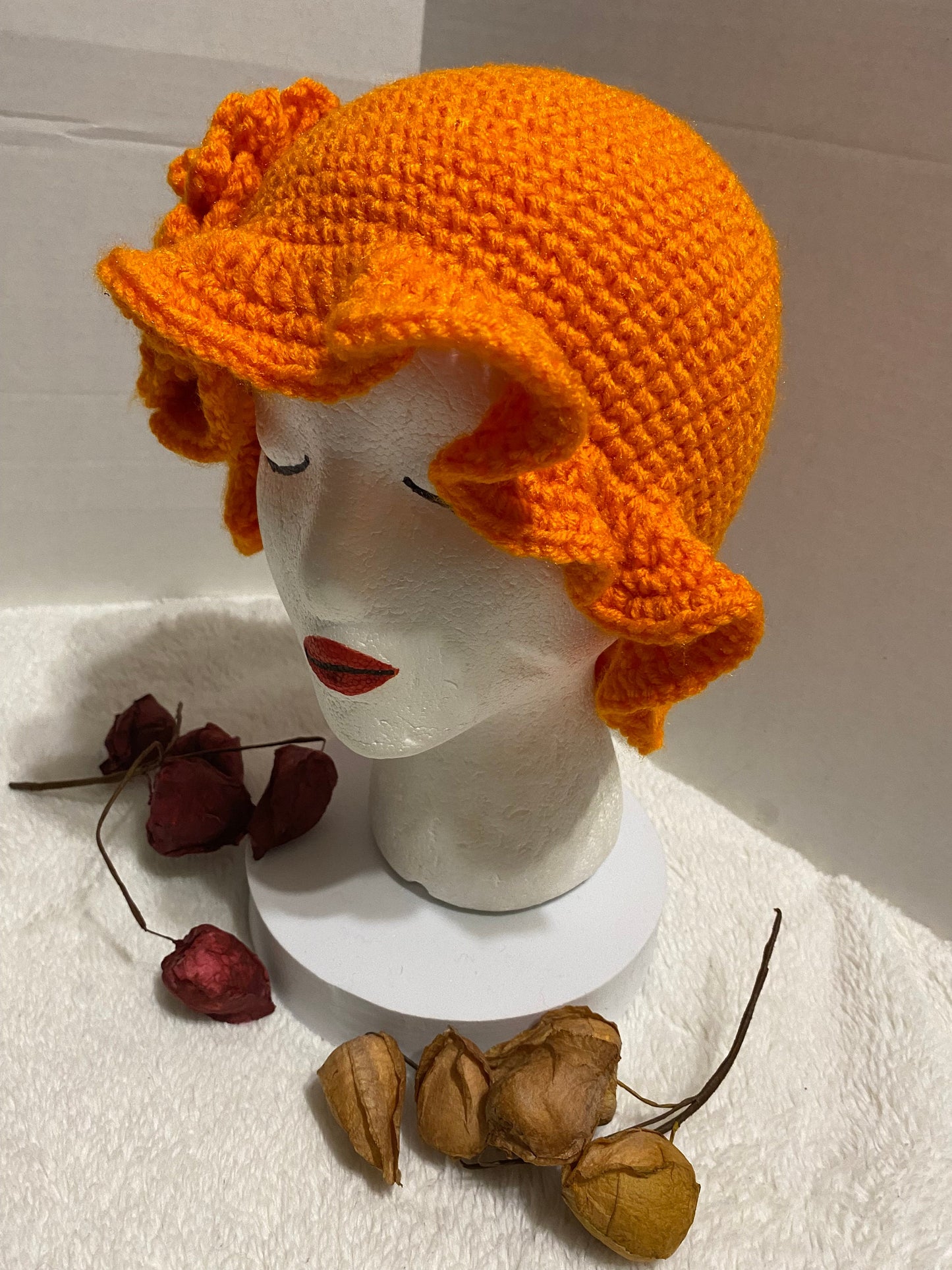 Crochet Bucket Hat with Flower: Orange Acrylic Handmade Women's Hat