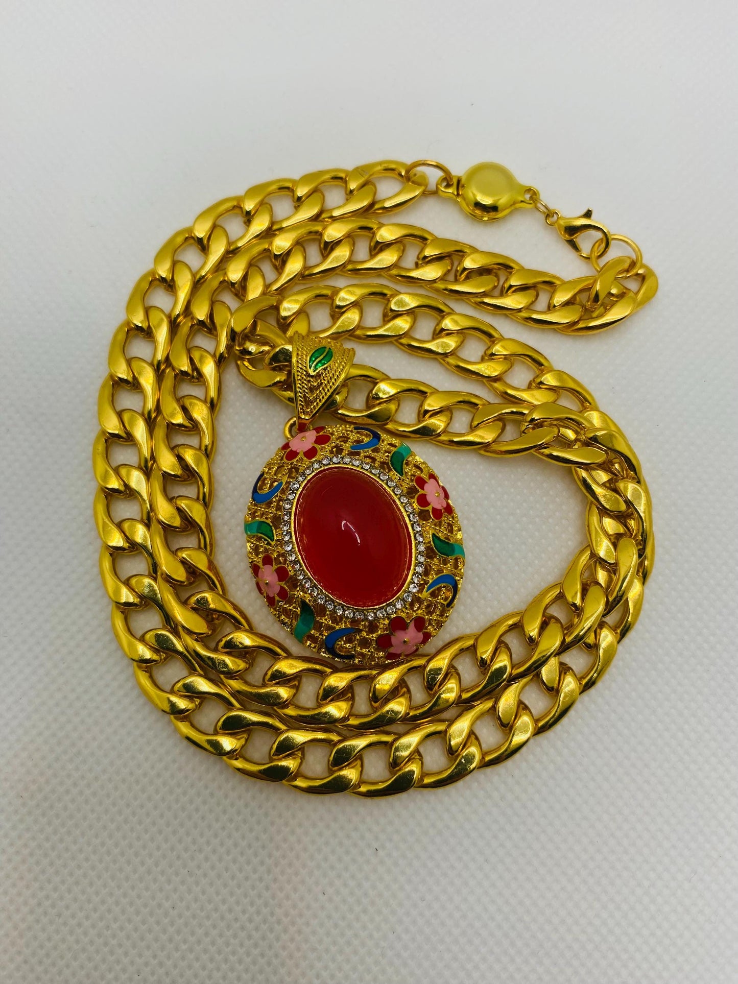 Red Agate Pendant Necklace: Gold Plated Cuban Link Chain Boho Jewelry