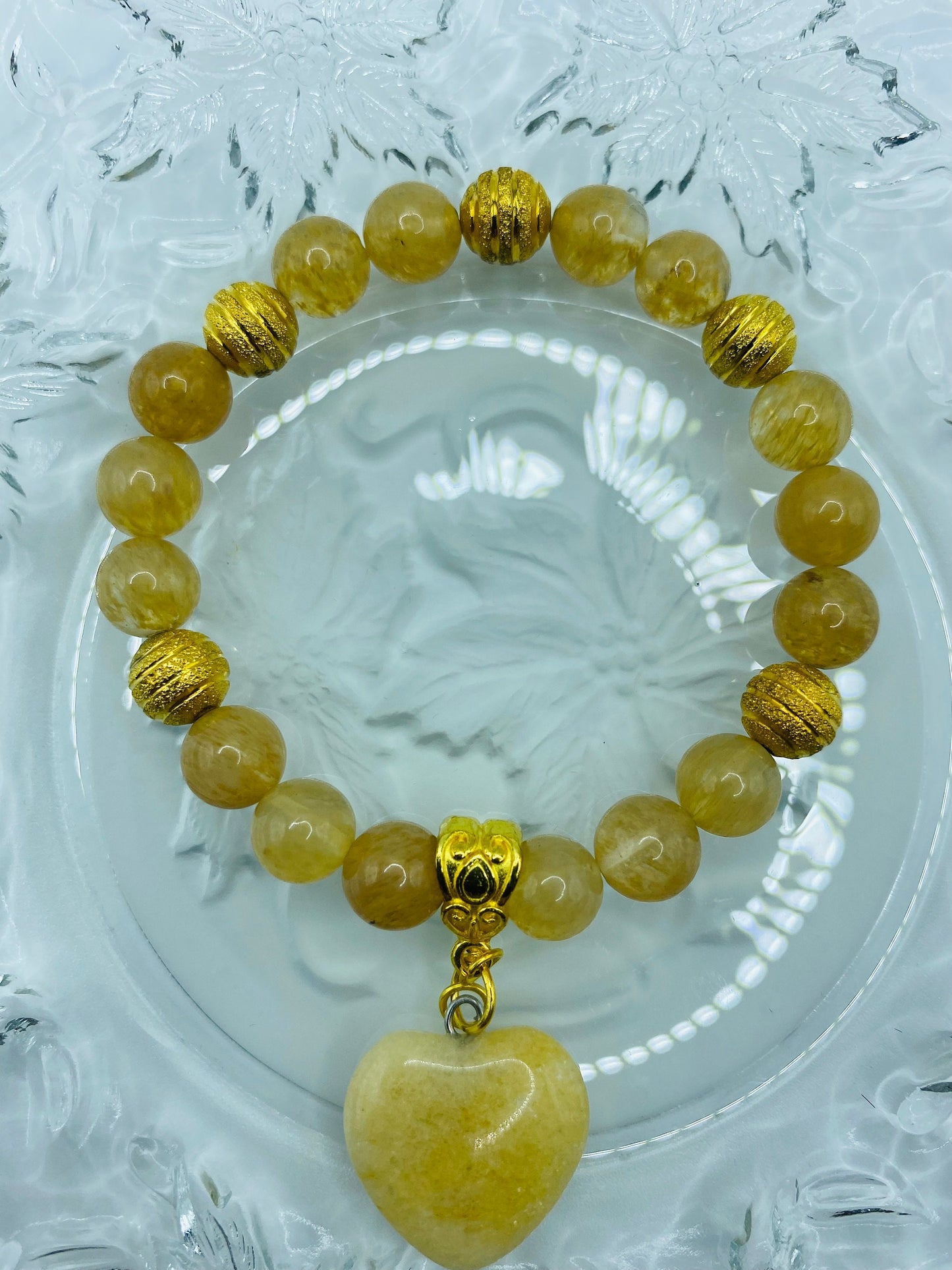 Rutilated Quartz Bracelet: 18K Gold Plated Heart Charm, Gemstone Beads