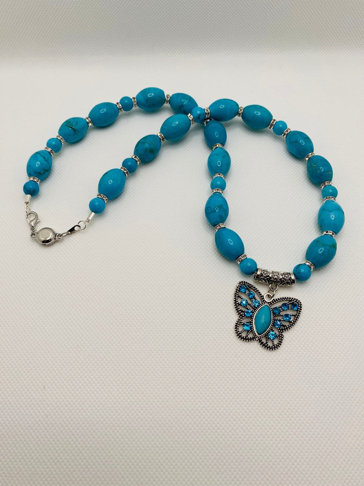Turquoise Necklace: Butterfly Pendant, Rhinestone Accents