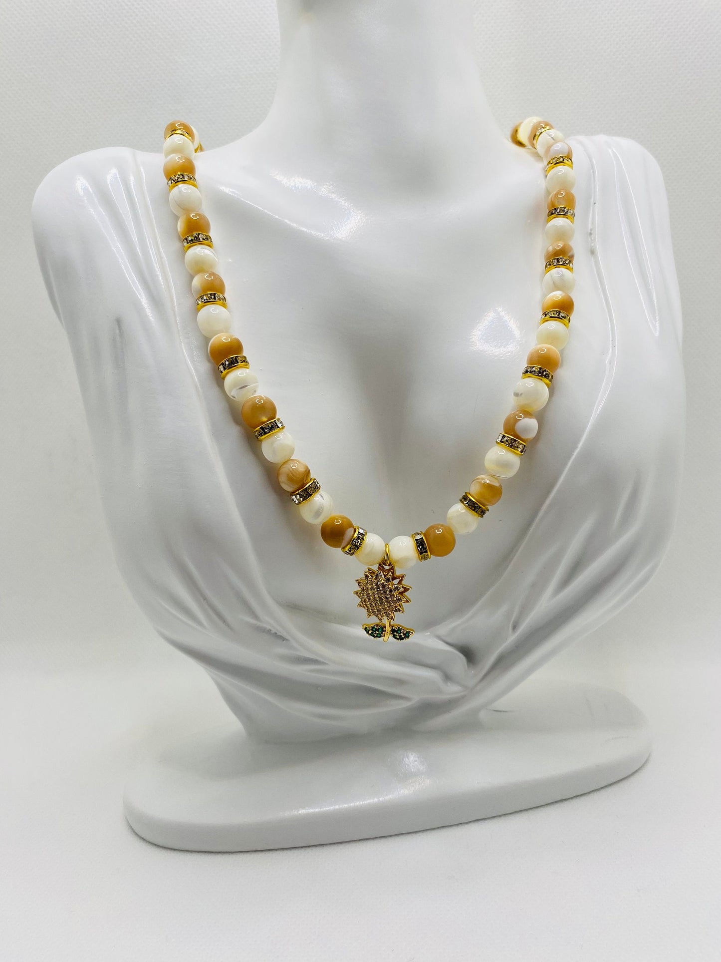 Handmade Mother of Pearl Necklace: CZ Sunflower Pendant