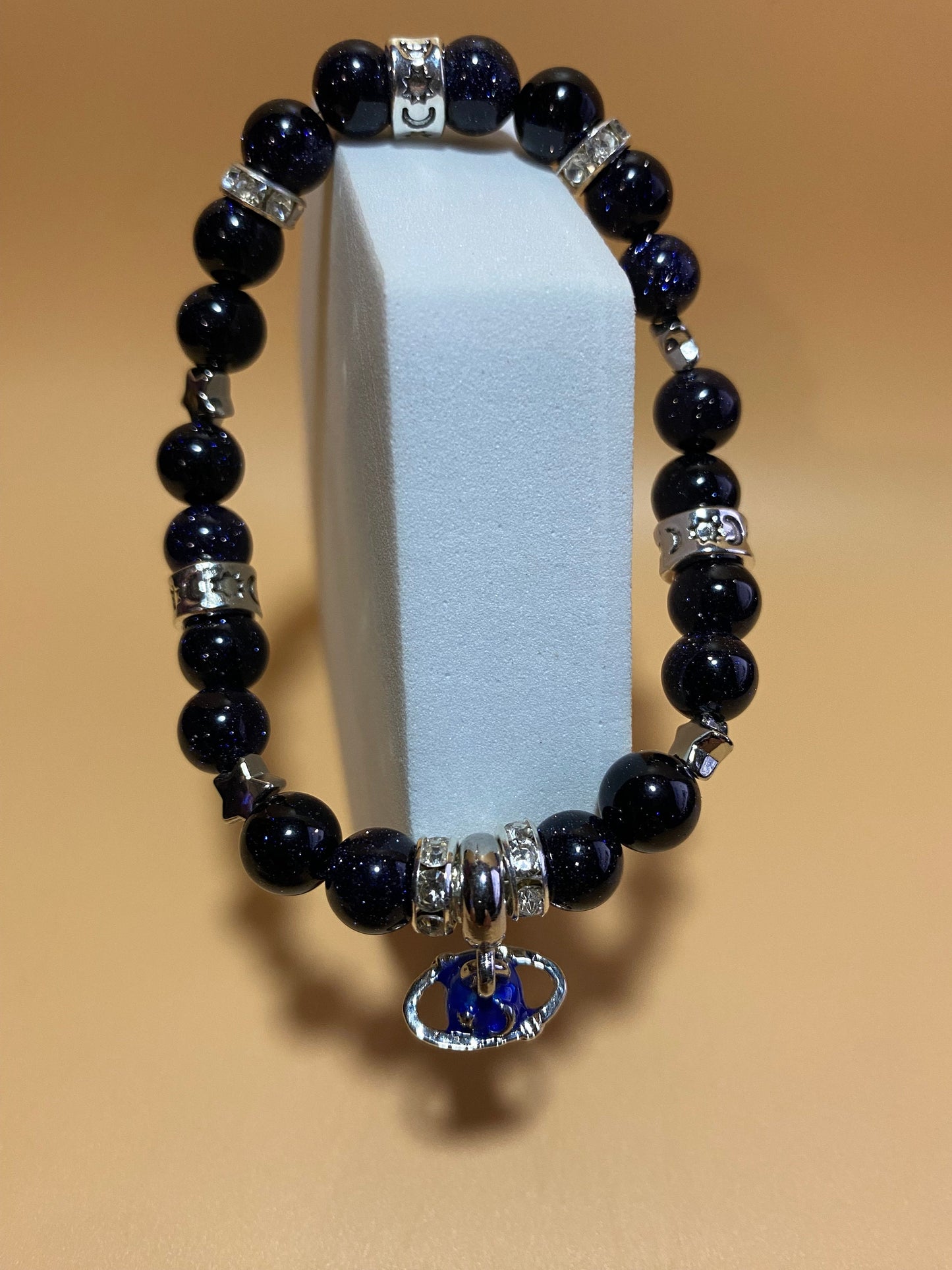 Charm Bracelet, White Gold Bracelet with Saturn Celestial Jewelry, Blue Sandstone Gemstone Beads