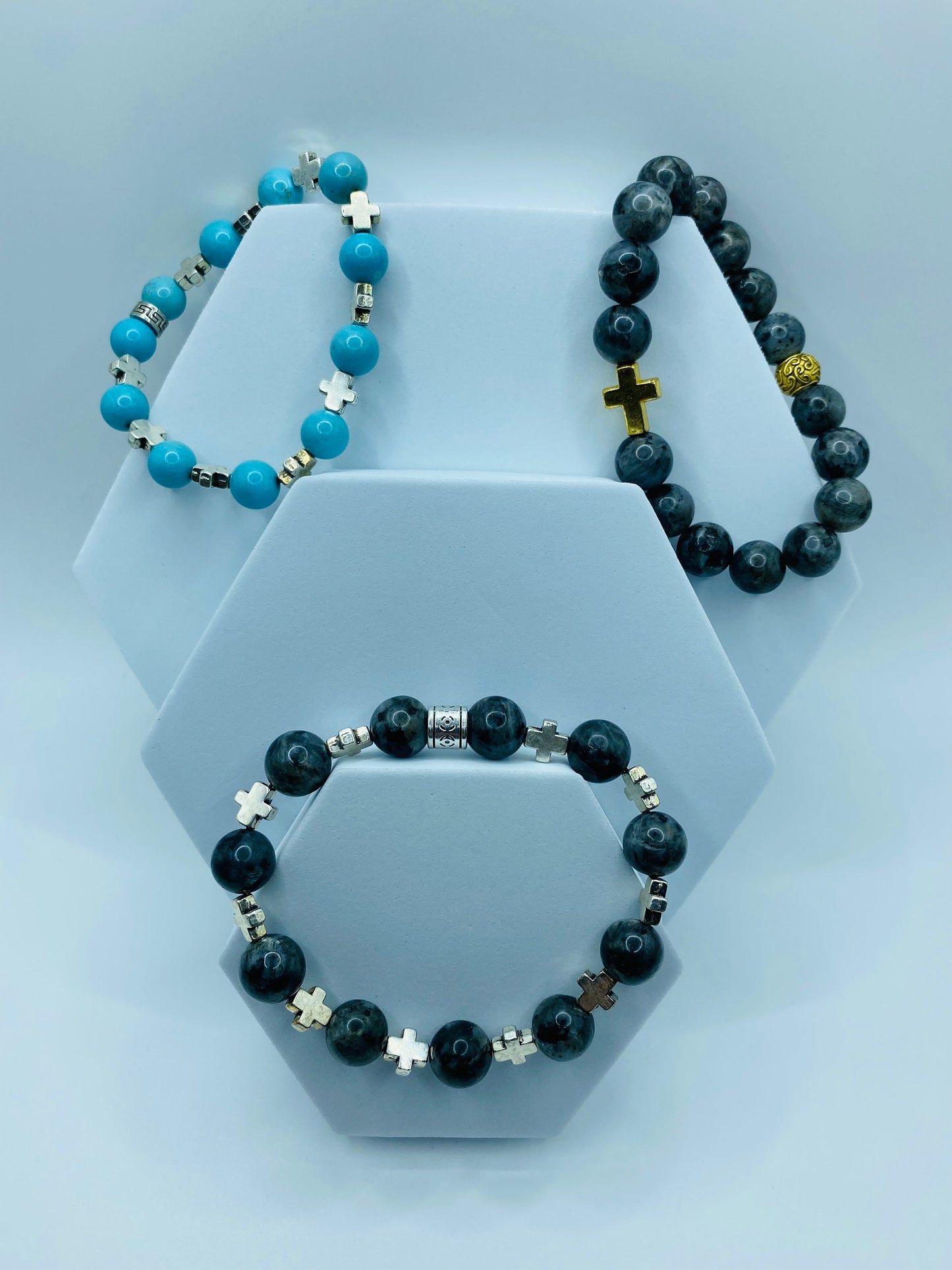 Mens Labradorite Beaded Bracelet with Silver Cross Charms