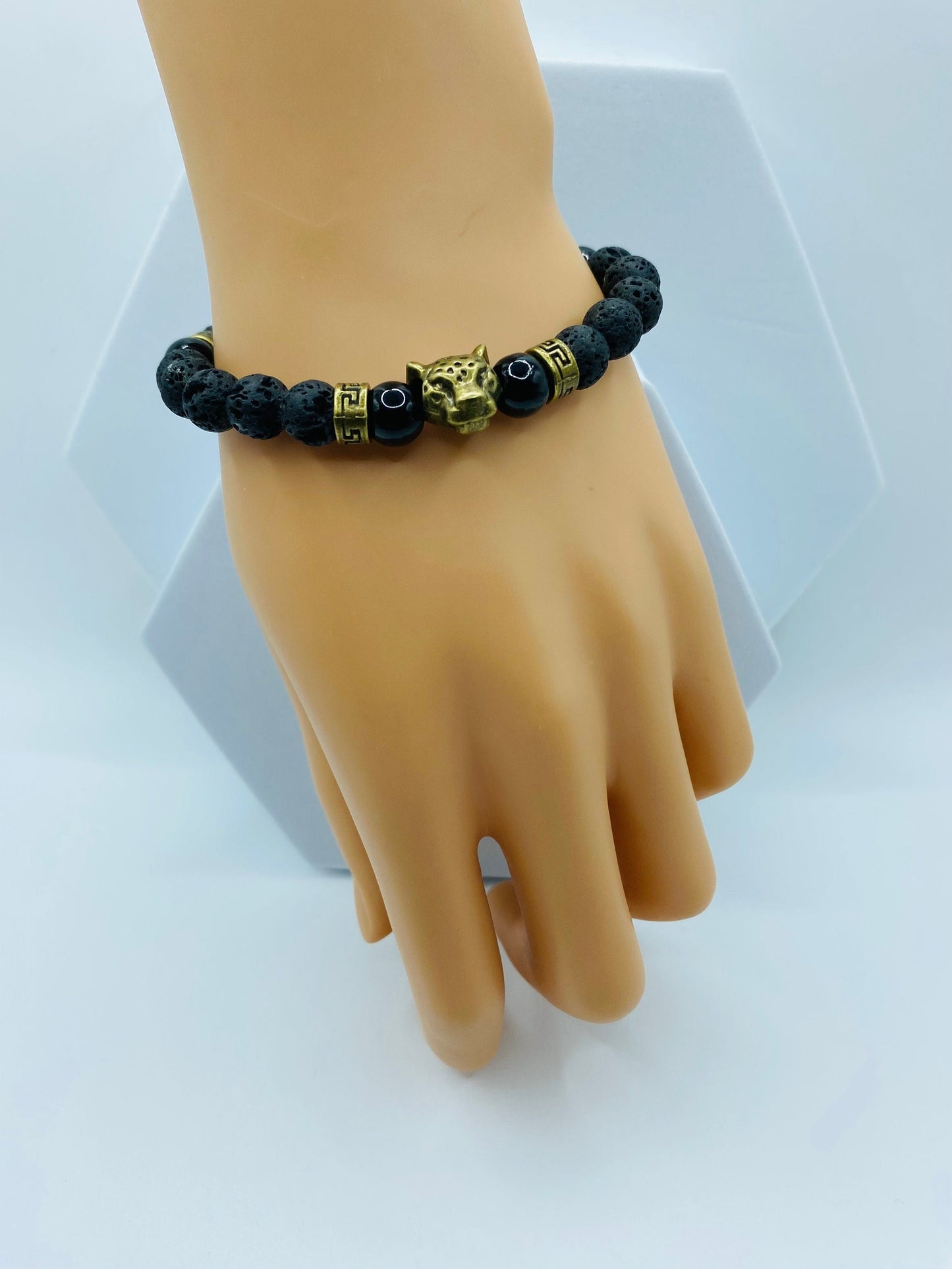 Black Onyx Lava Rock Bracelet with Bronze Leopard Charm